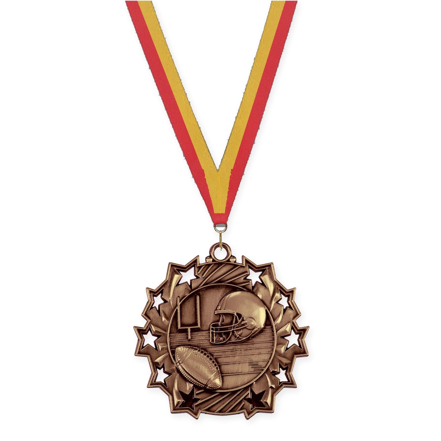 2 1/4 inch football Ten Star medal in bright bronze with Red Gold neck ribbon
