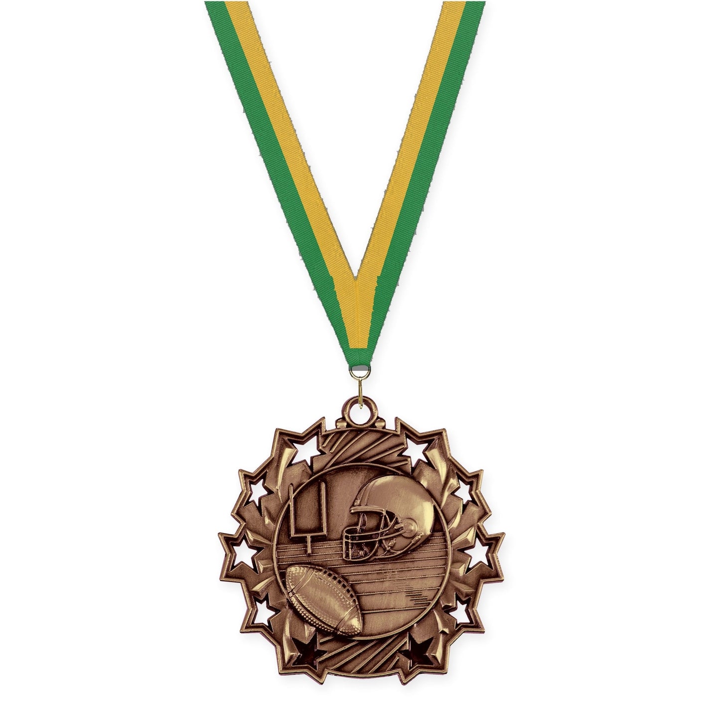 2 1/4 inch football Ten Star medal in bright bronze with Green Gold neck ribbon