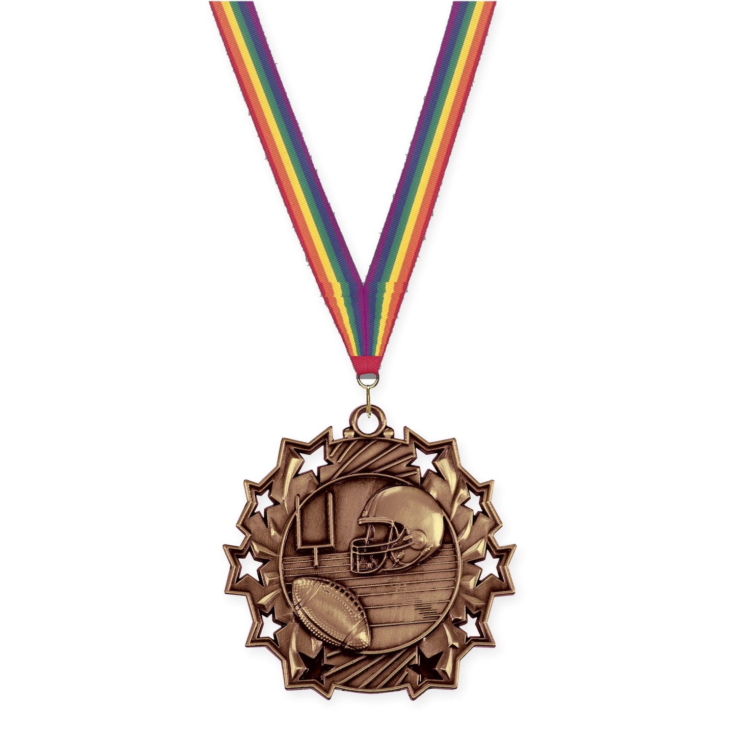 2 1/4 inch football Ten Star medal in bright bronze with Rainbow neck ribbon