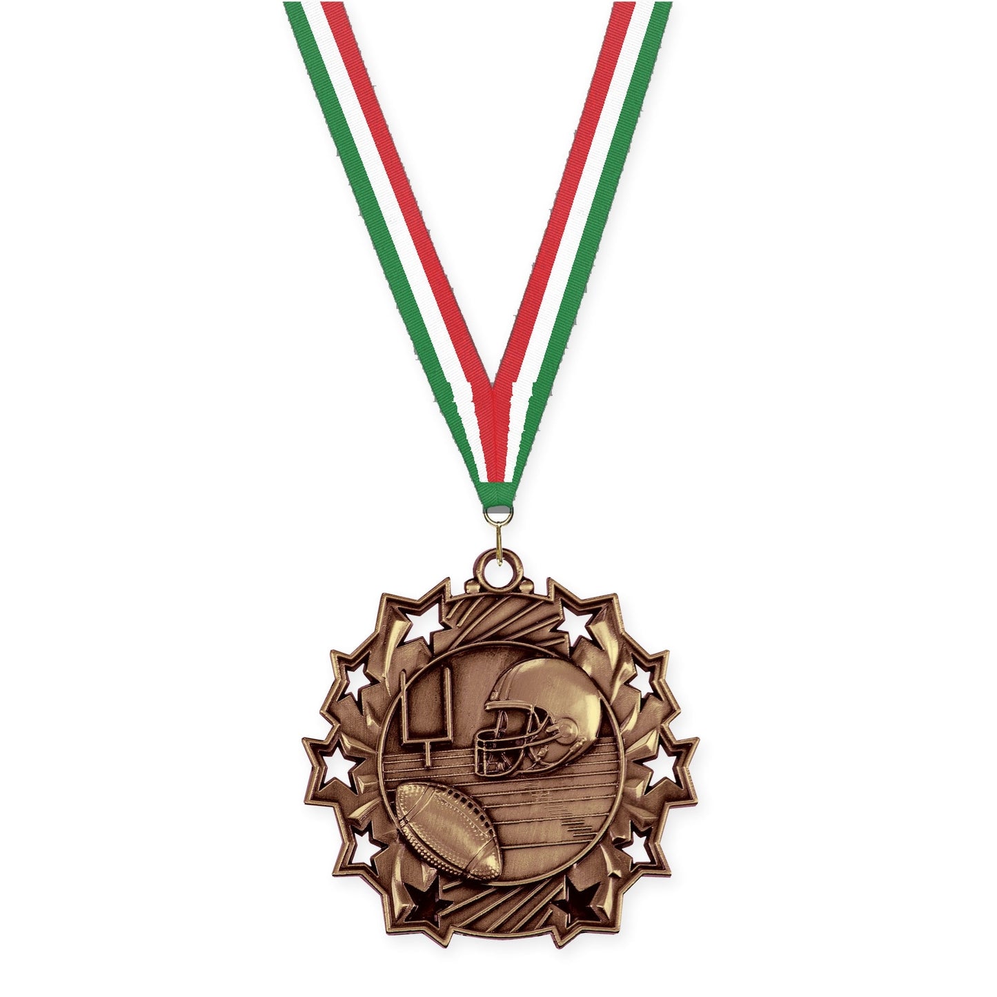 2 1/4 inch football Ten Star medal in bright bronze with Green White Red neck ribbon
