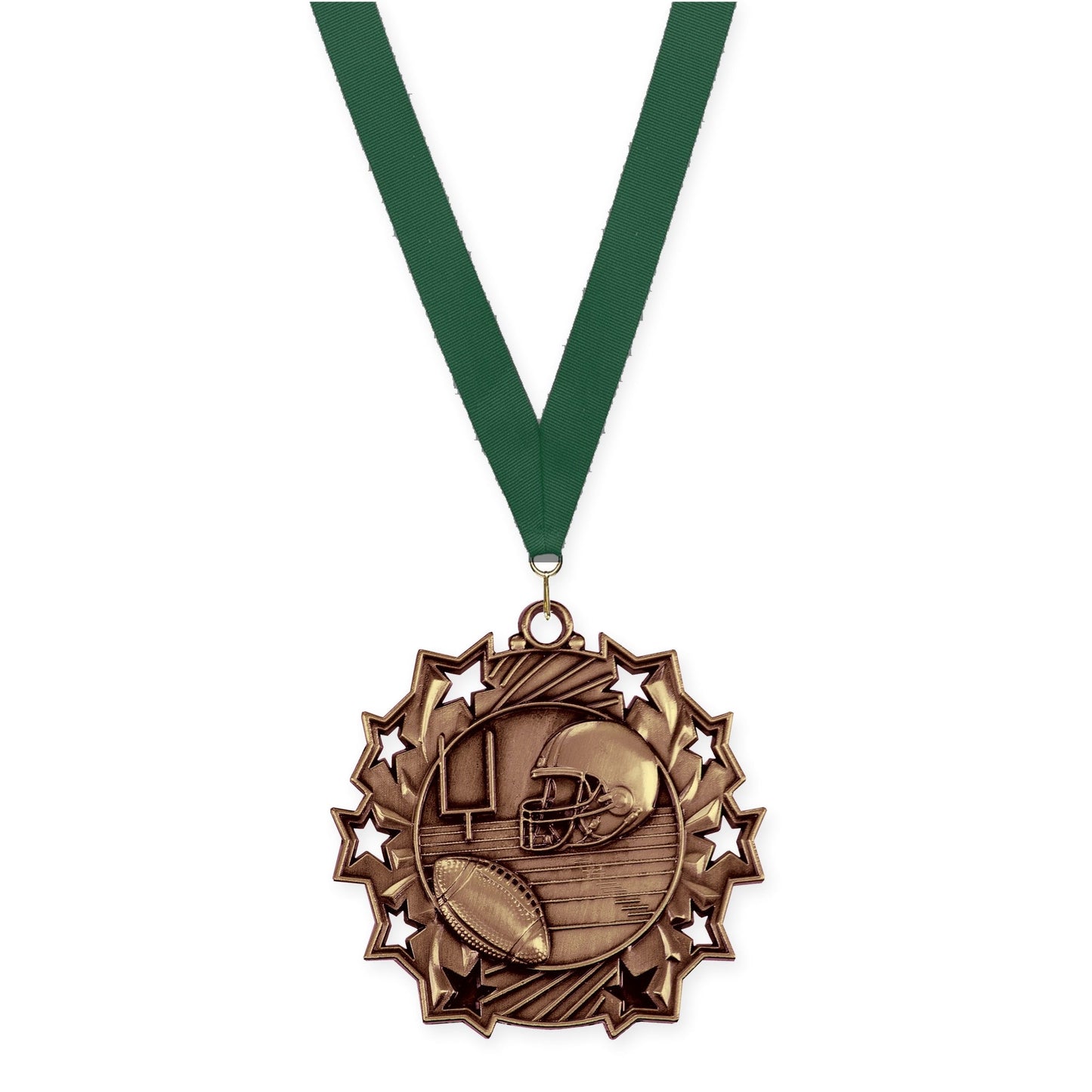 2 1/4 inch football Ten Star medal in bright bronze with Hunter Green neck ribbon