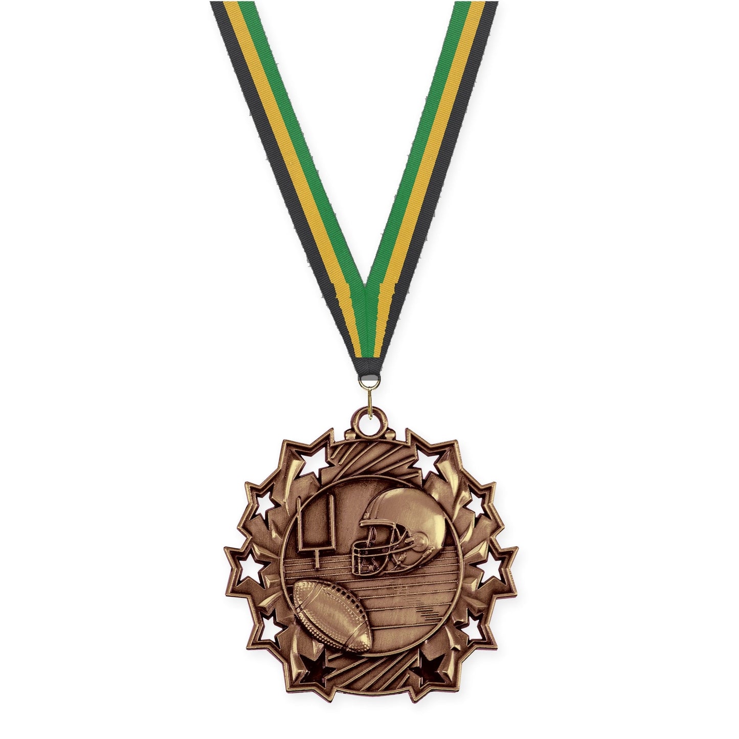 2 1/4 inch football Ten Star medal in bright bronze with Black Gold Green neck ribbon