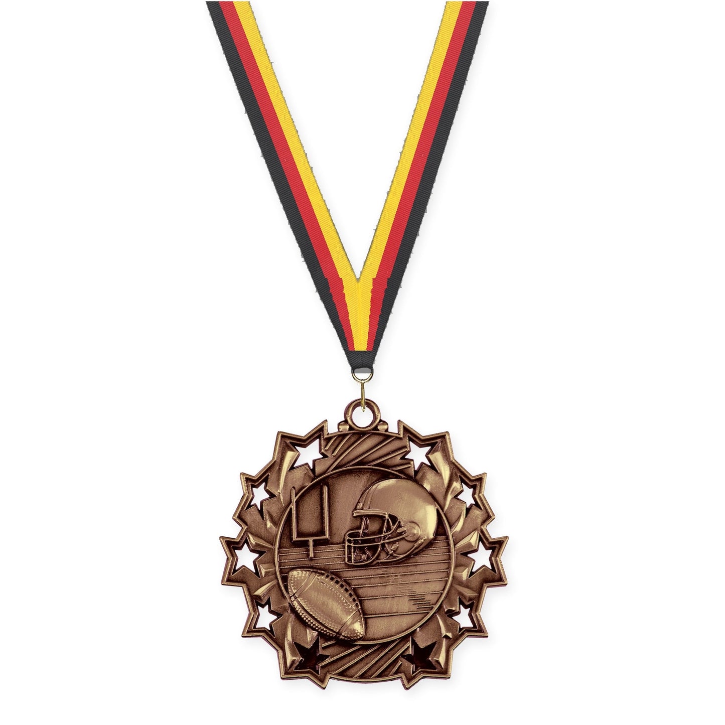 2 1/4 inch football Ten Star medal in bright bronze with Black Red Yellow neck ribbon