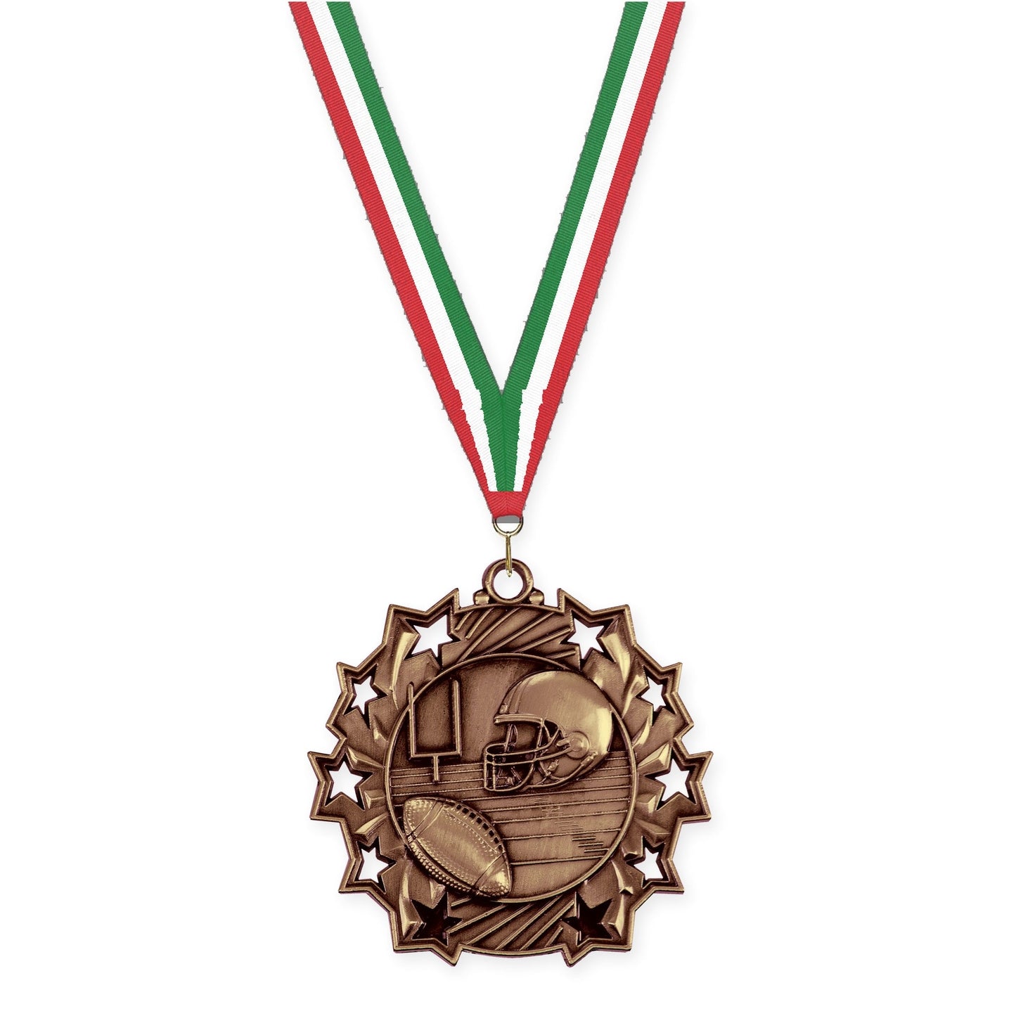2 1/4 inch football Ten Star medal in bright bronze with Red White Green neck ribbon