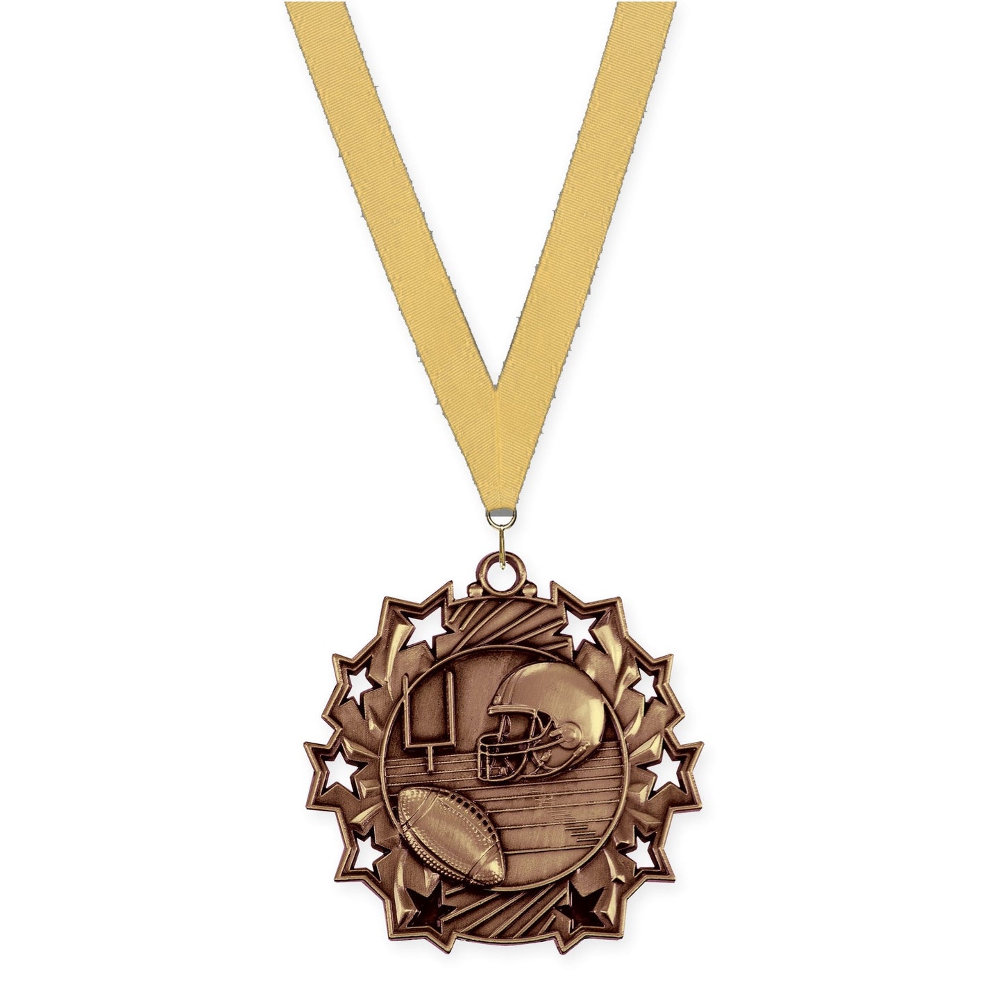 2 1/4 inch football Ten Star medal in bright bronze with Gold Metallic neck ribbon