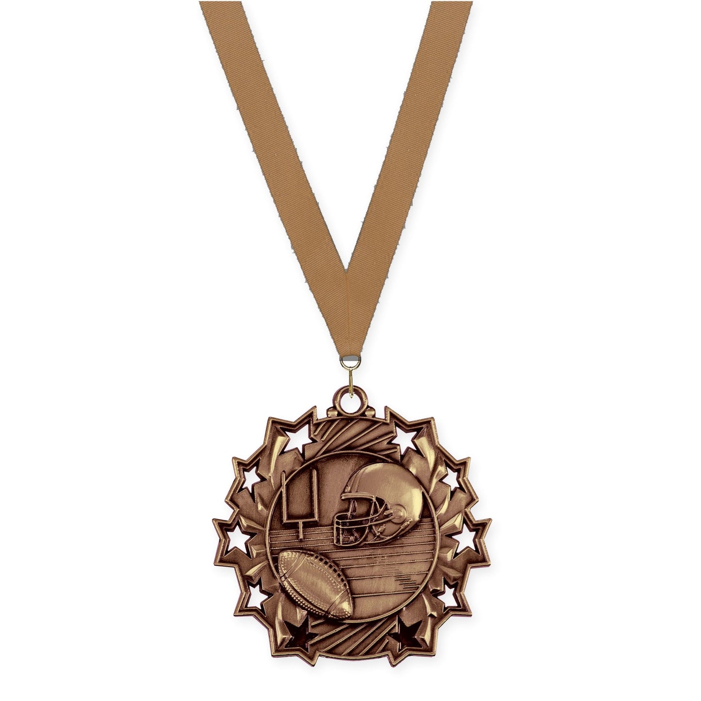 2 1/4 inch football Ten Star medal in bright bronze with Bronze Metallic neck ribbon