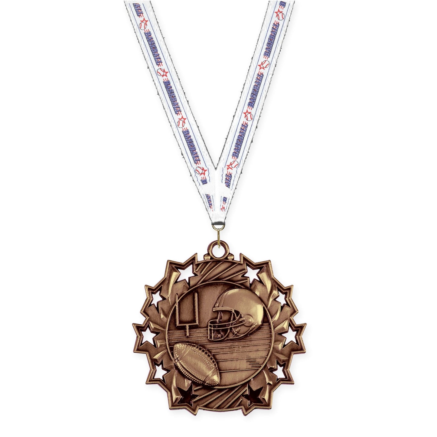 2 1/4 inch football Ten Star medal in bright bronze with Baseball neck ribbon