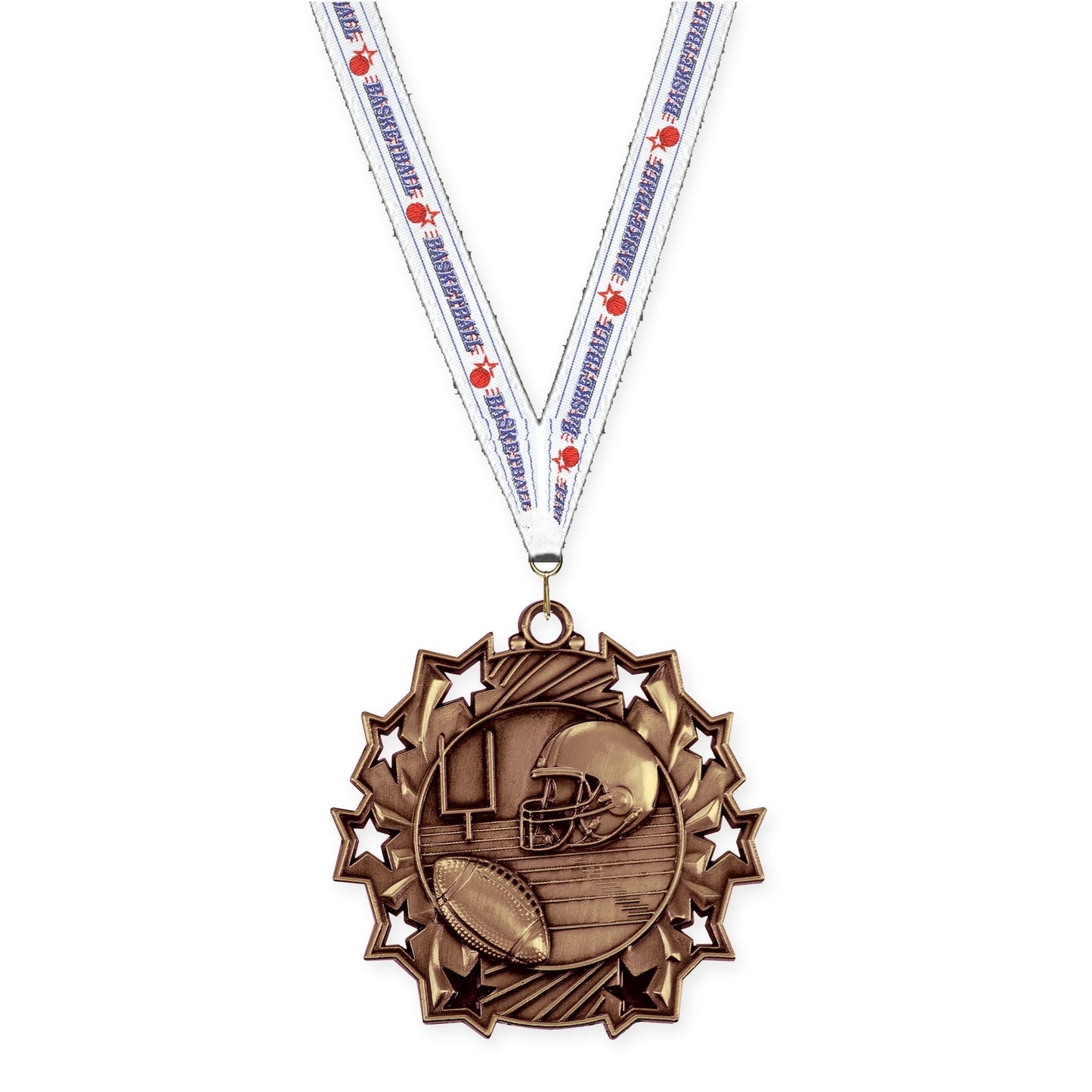 2 1/4 inch football Ten Star medal in bright bronze with Basketball neck ribbon