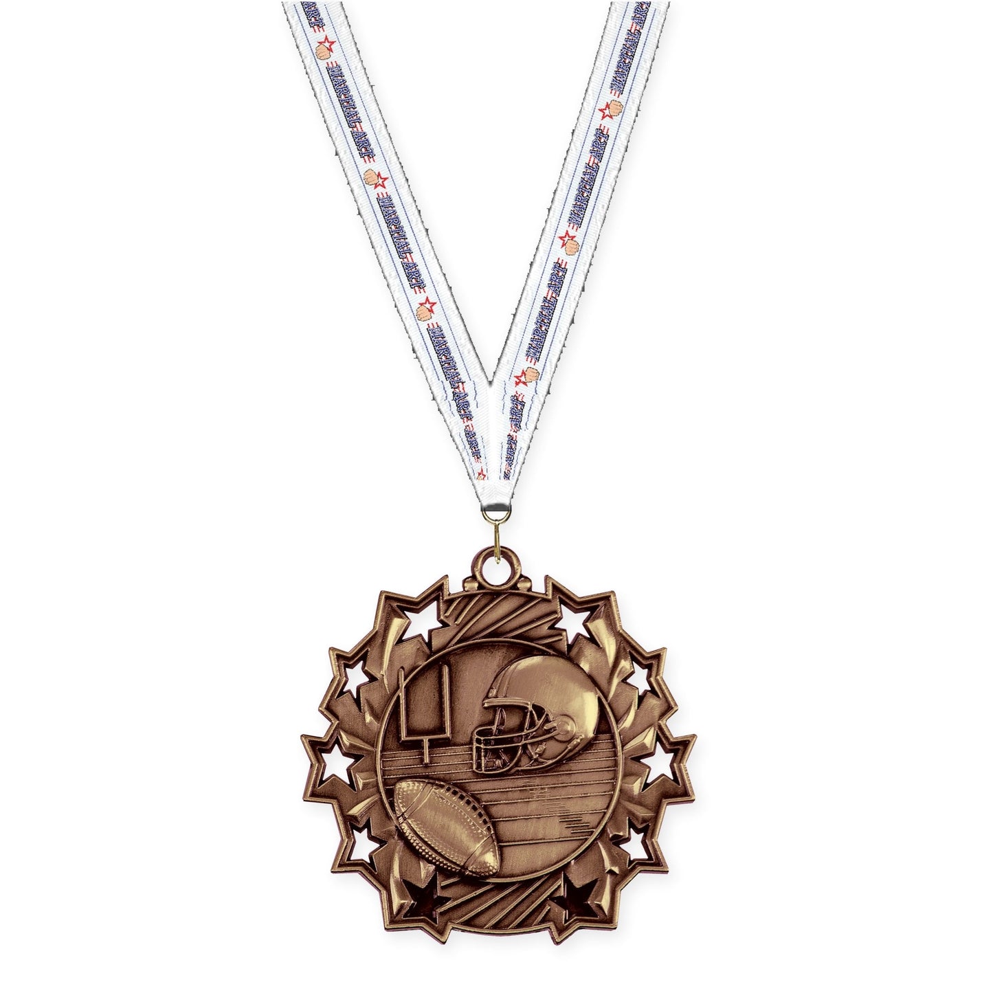 2 1/4 inch football Ten Star medal in bright bronze with Martial Arts neck ribbon