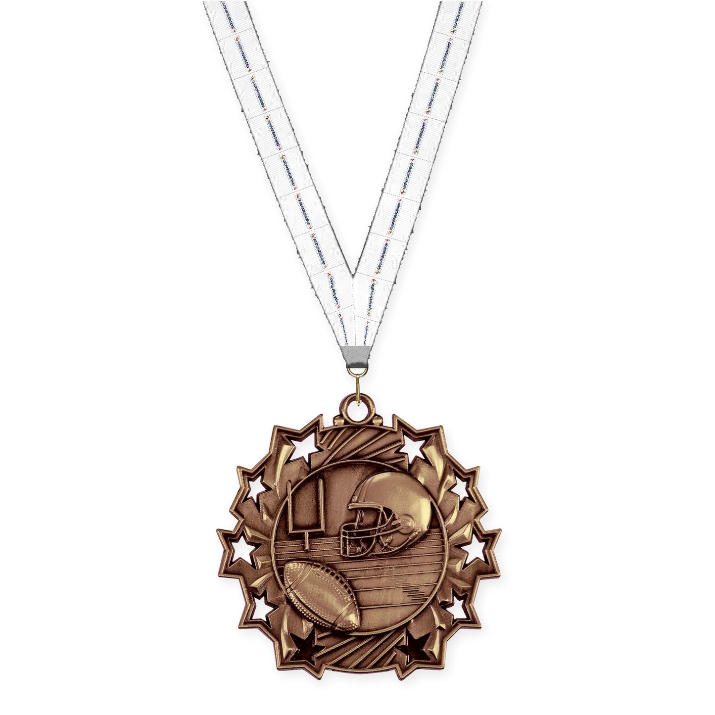 2 1/4 inch football Ten Star medal in bright bronze with Lamp Of Knowledge neck ribbon
