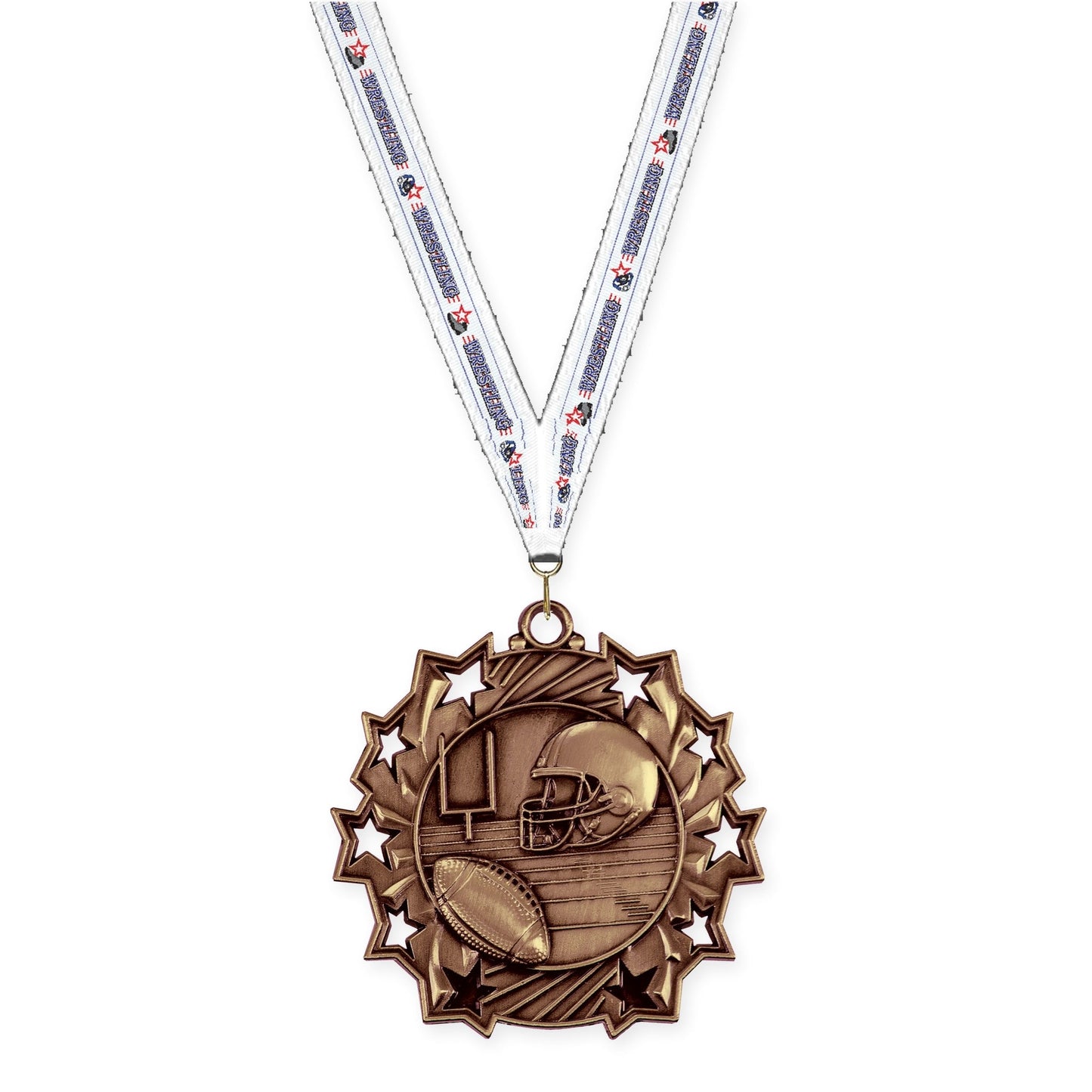 2 1/4 inch football Ten Star medal in bright bronze with Wrestling neck ribbon