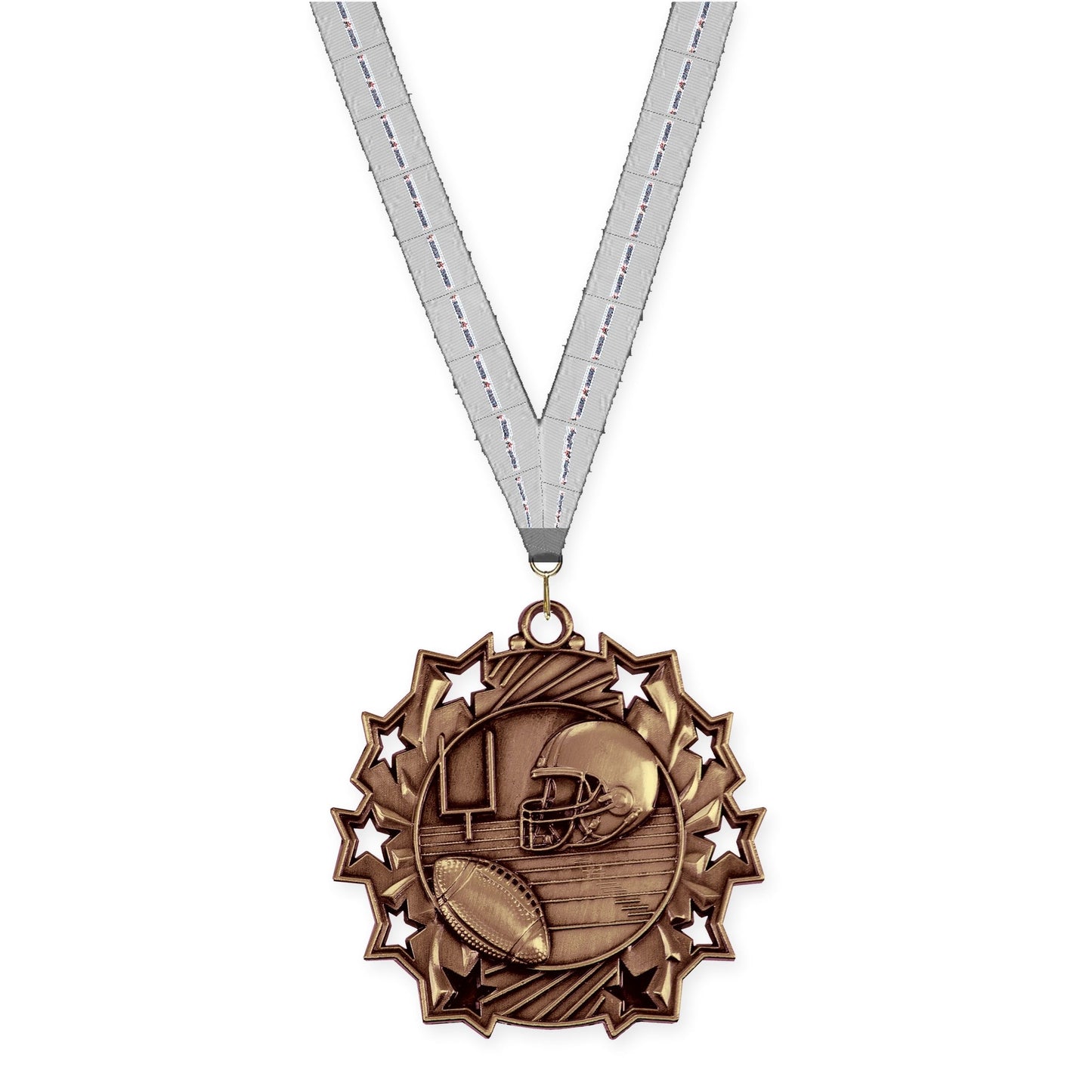 2 1/4 inch football Ten Star medal in bright bronze with Auto Racing neck ribbon