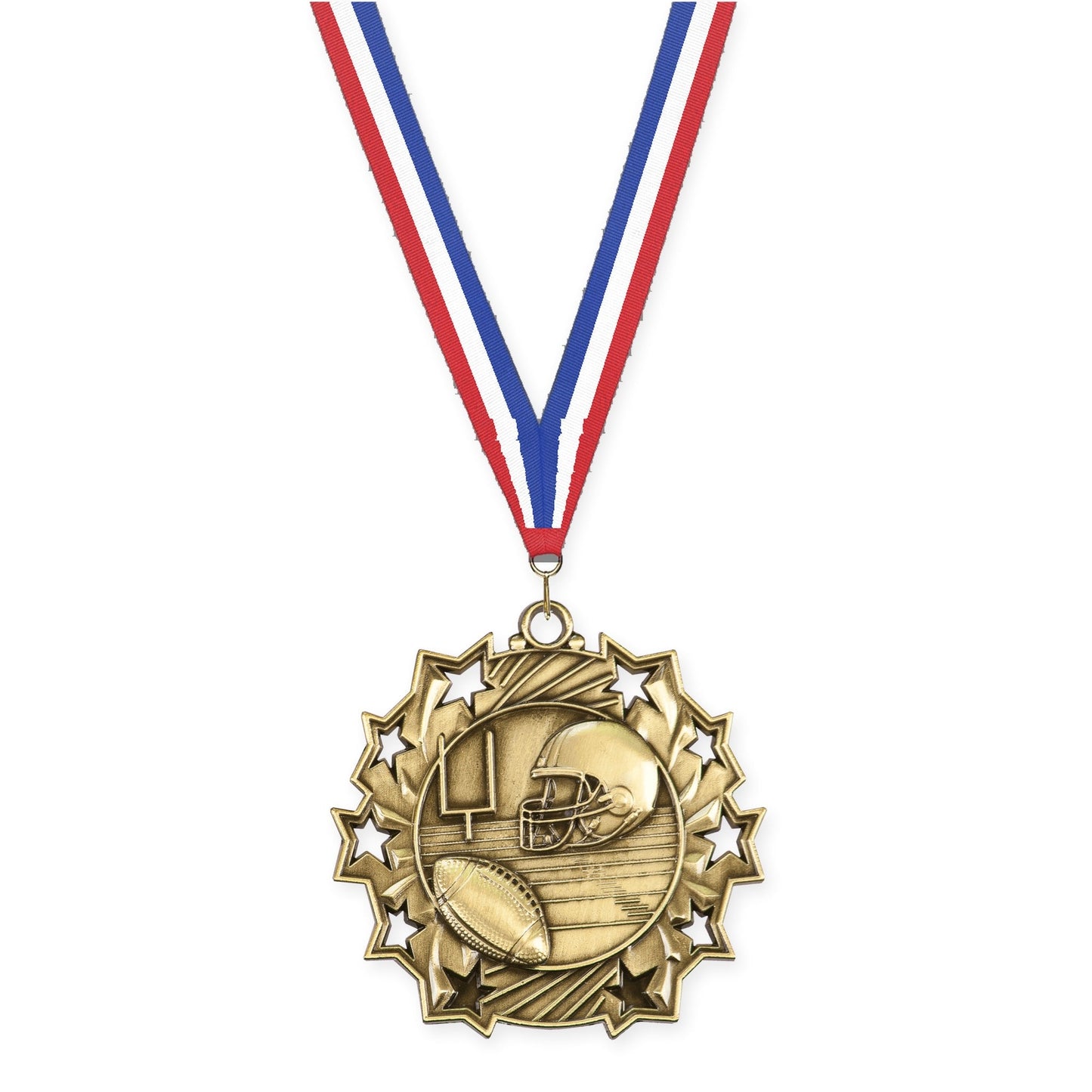 2 1/4 inch football Ten Star medal in bright gold with Red White Blue neck ribbon