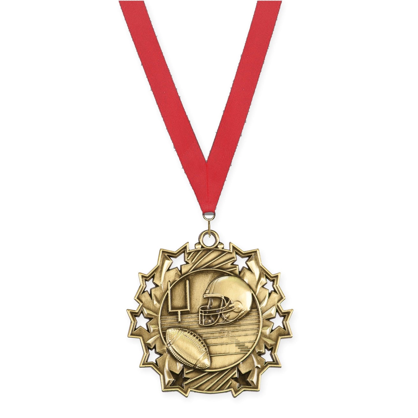 2 1/4 inch football Ten Star medal in bright gold with Red neck ribbon