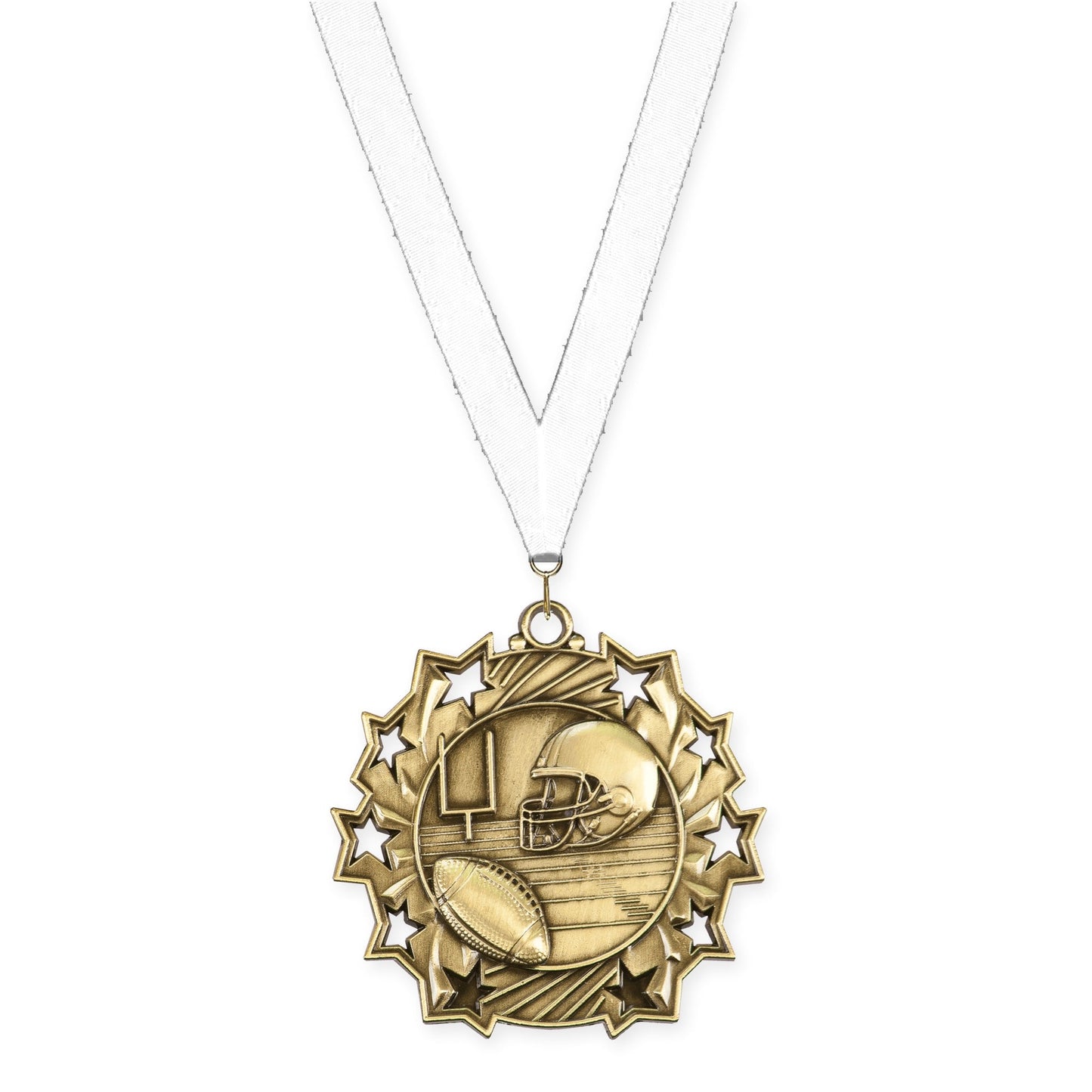 2 1/4 inch football Ten Star medal in bright gold with White neck ribbon