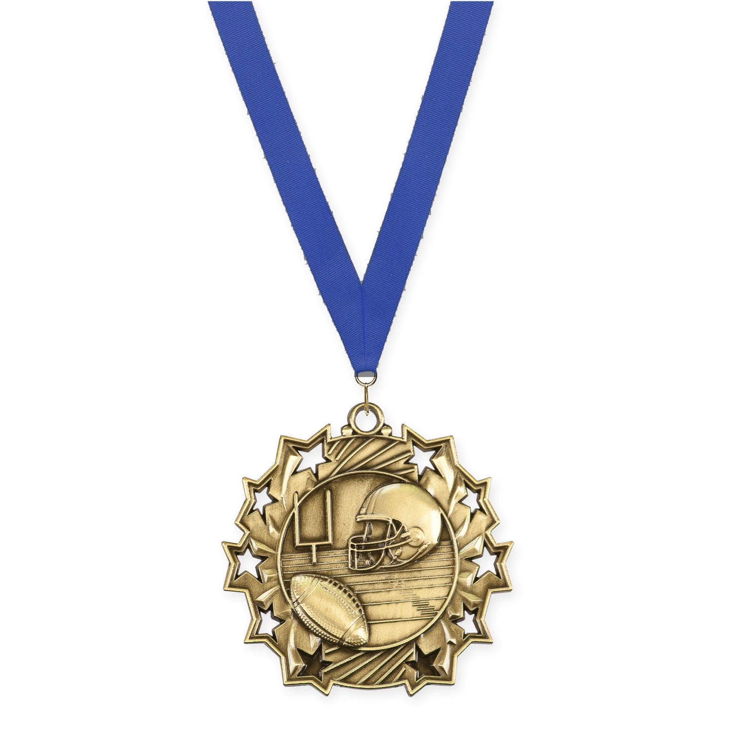 2 1/4 inch football Ten Star medal in bright gold with Blue neck ribbon