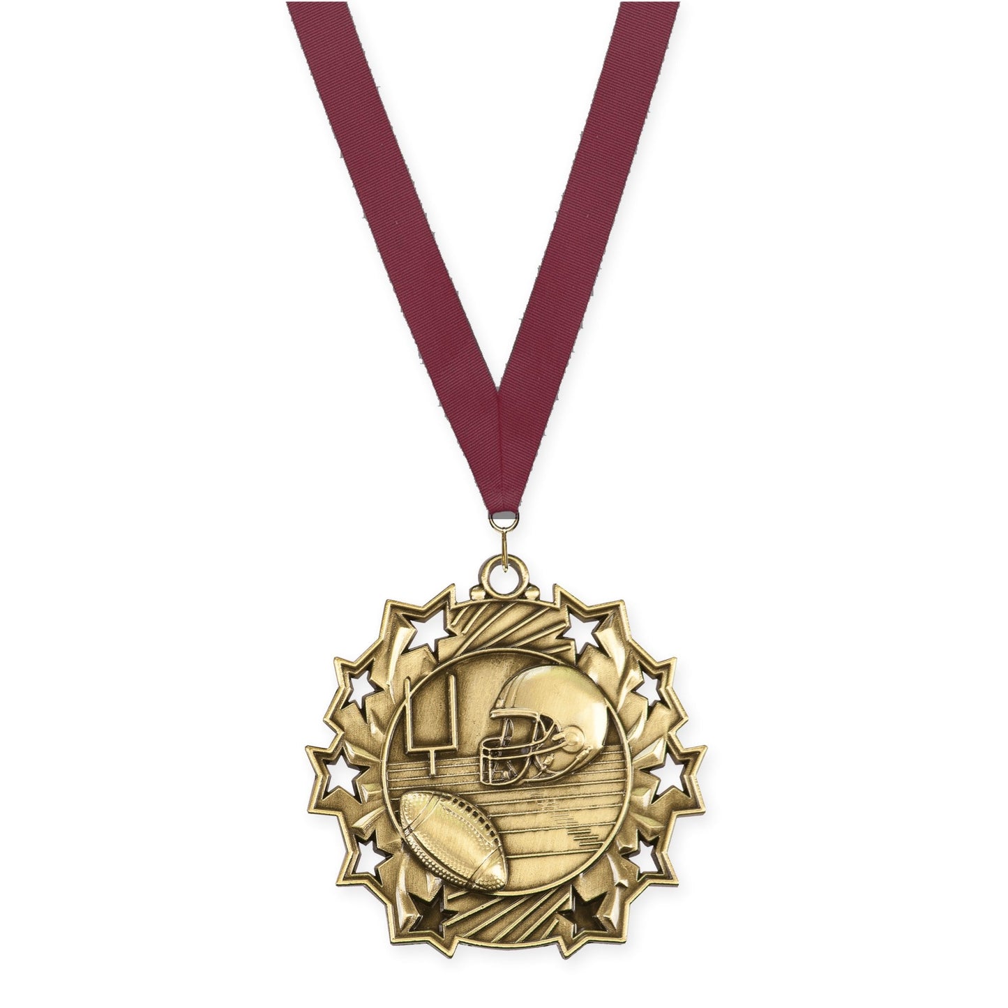 2 1/4 inch football Ten Star medal in bright gold with Maroon neck ribbon