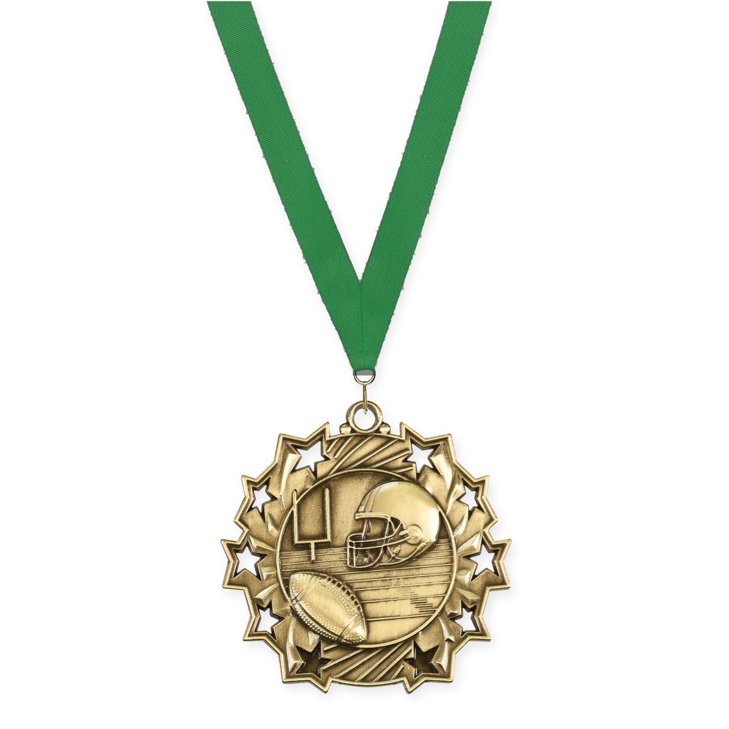 2 1/4 inch football Ten Star medal in bright gold with Green neck ribbon