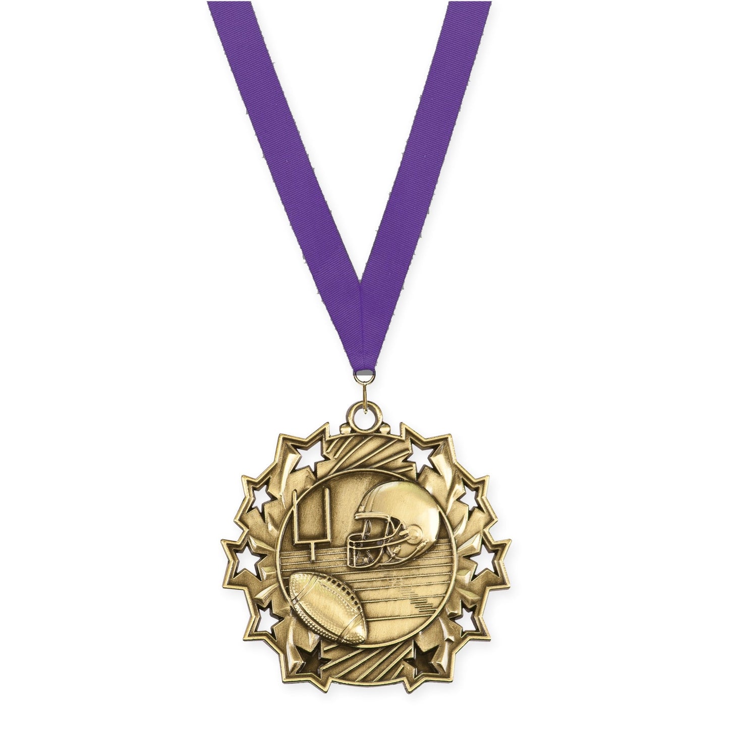 2 1/4 inch football Ten Star medal in bright gold with Purple neck ribbon