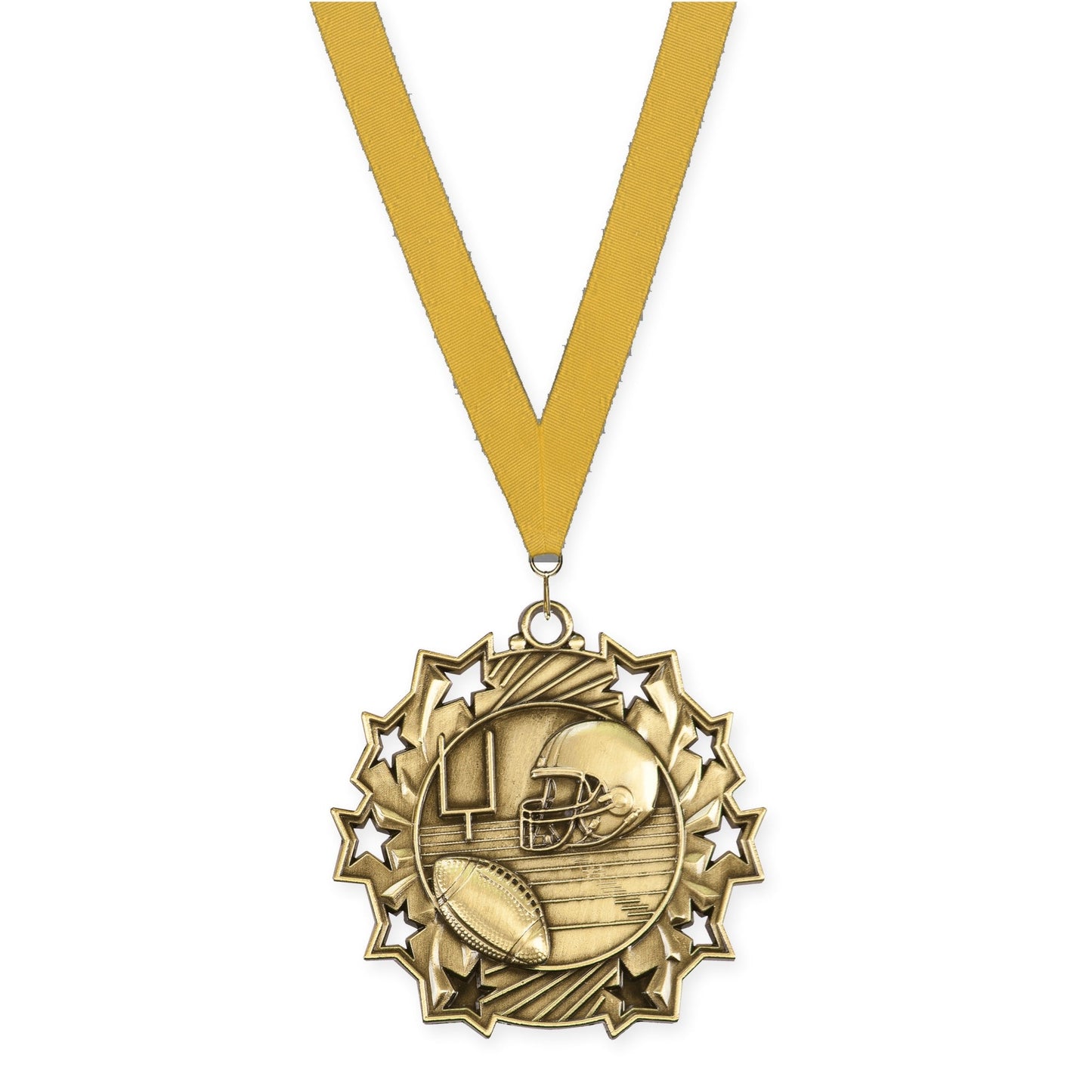 2 1/4 inch football Ten Star medal in bright gold with Gold neck ribbon