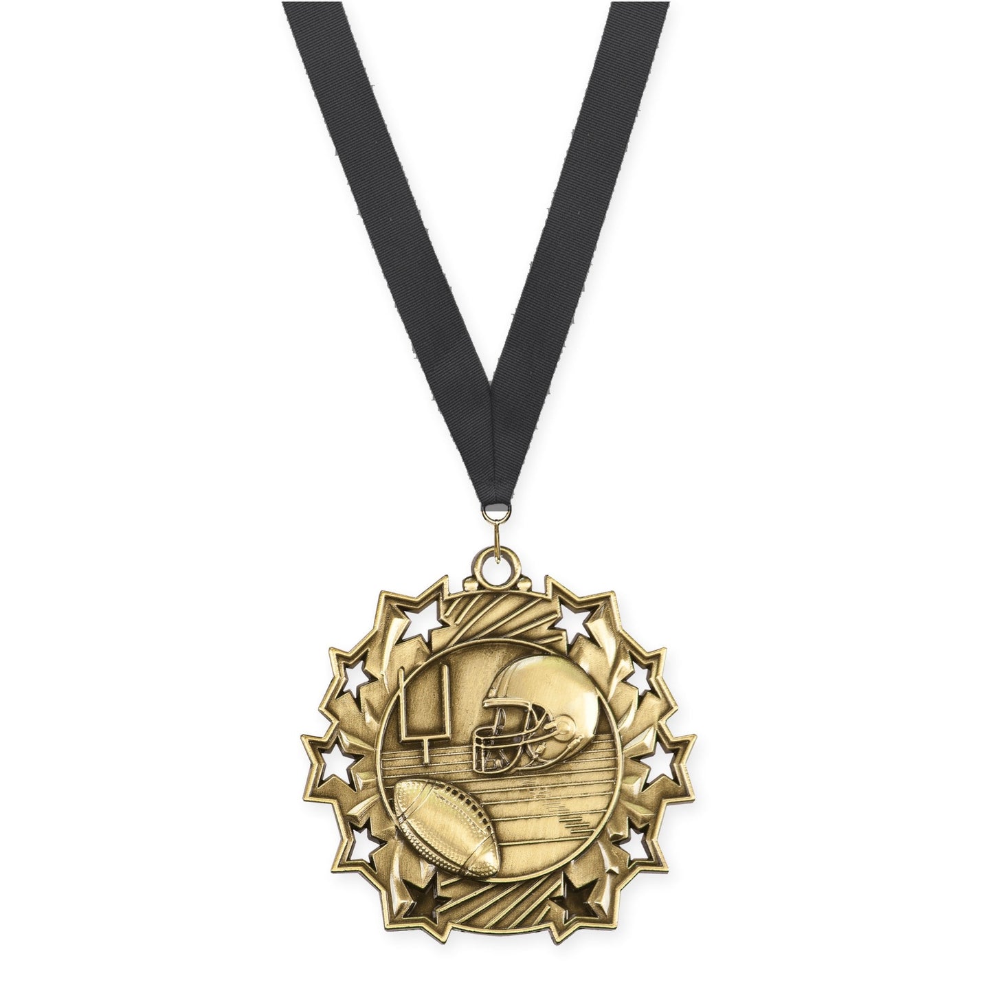 2 1/4 inch football Ten Star medal in bright gold with Black neck ribbon