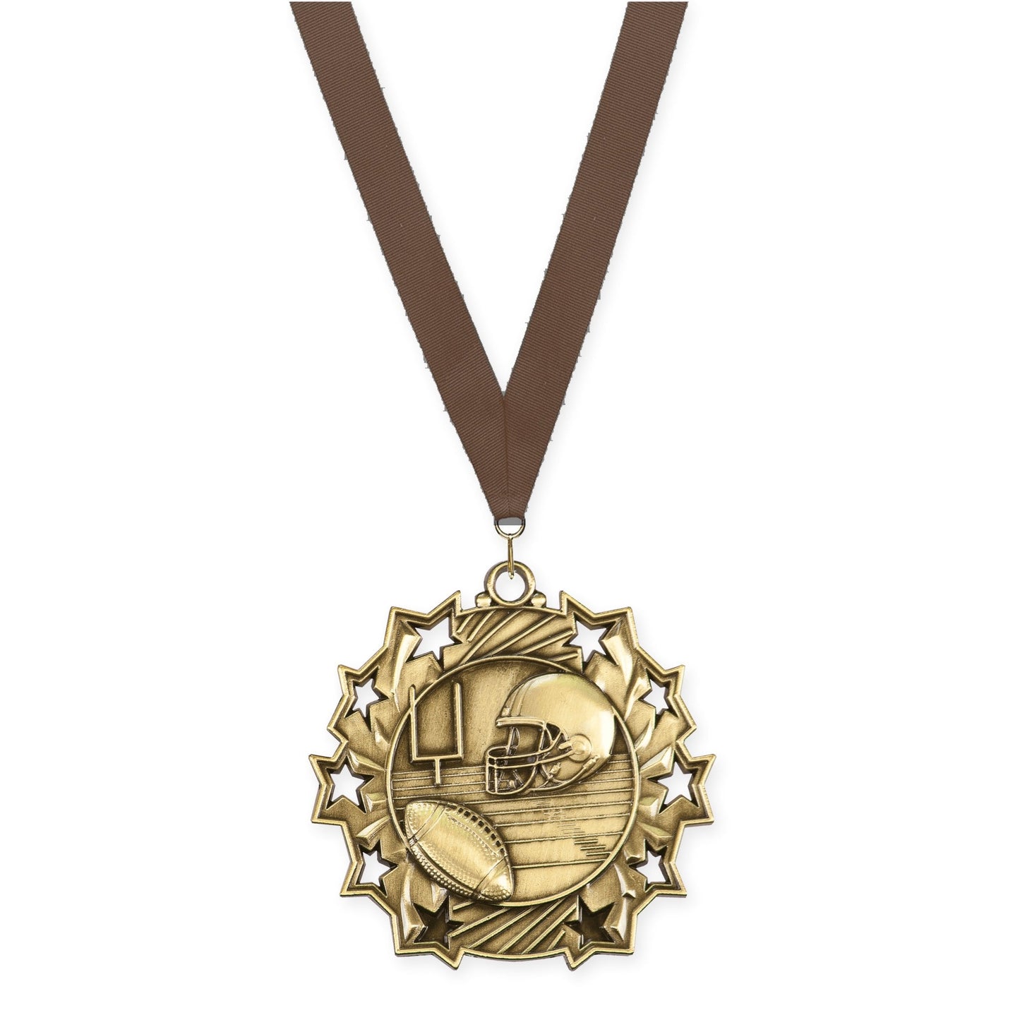 2 1/4 inch football Ten Star medal in bright gold with Brown neck ribbon