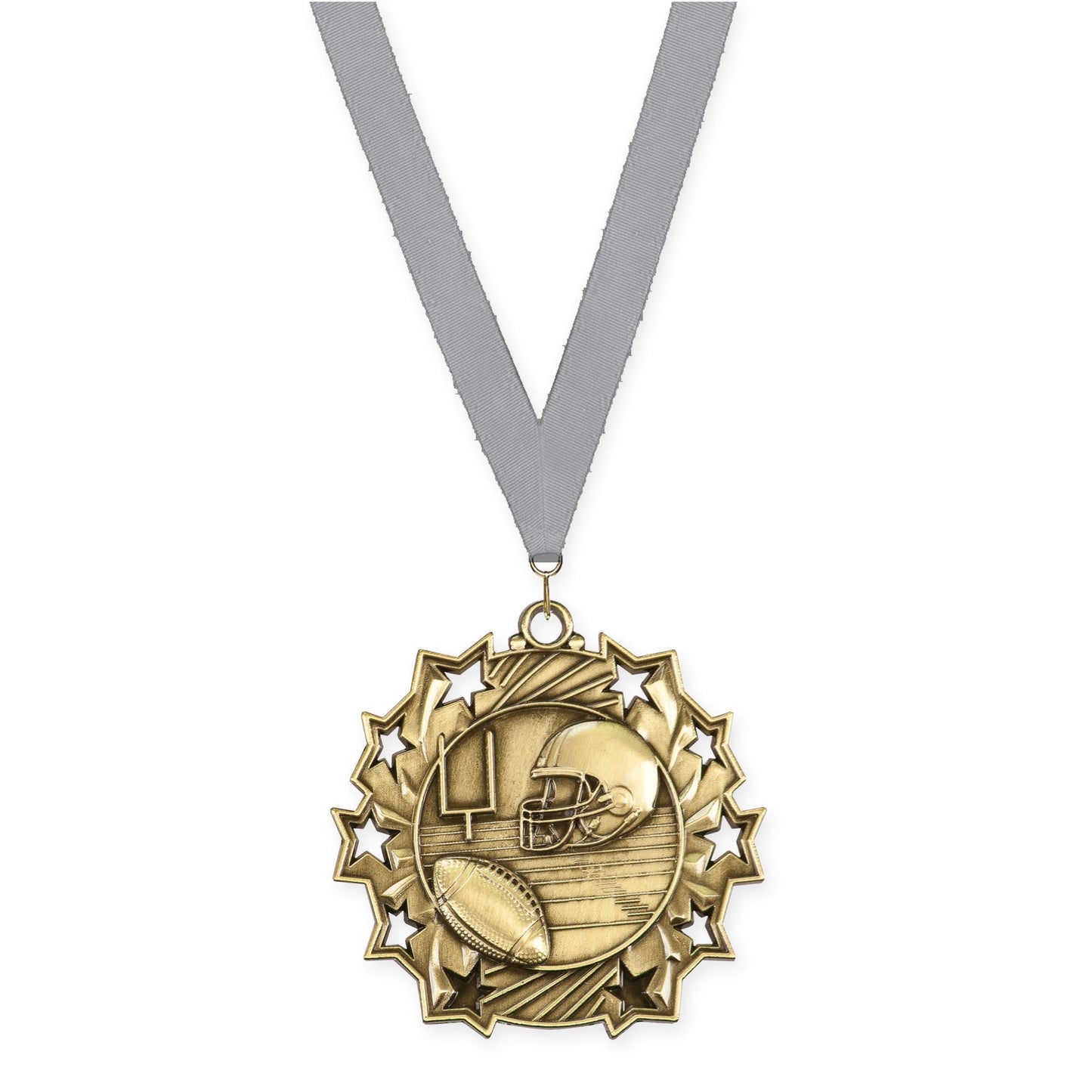 2 1/4 inch football Ten Star medal in bright gold with Gray neck ribbon