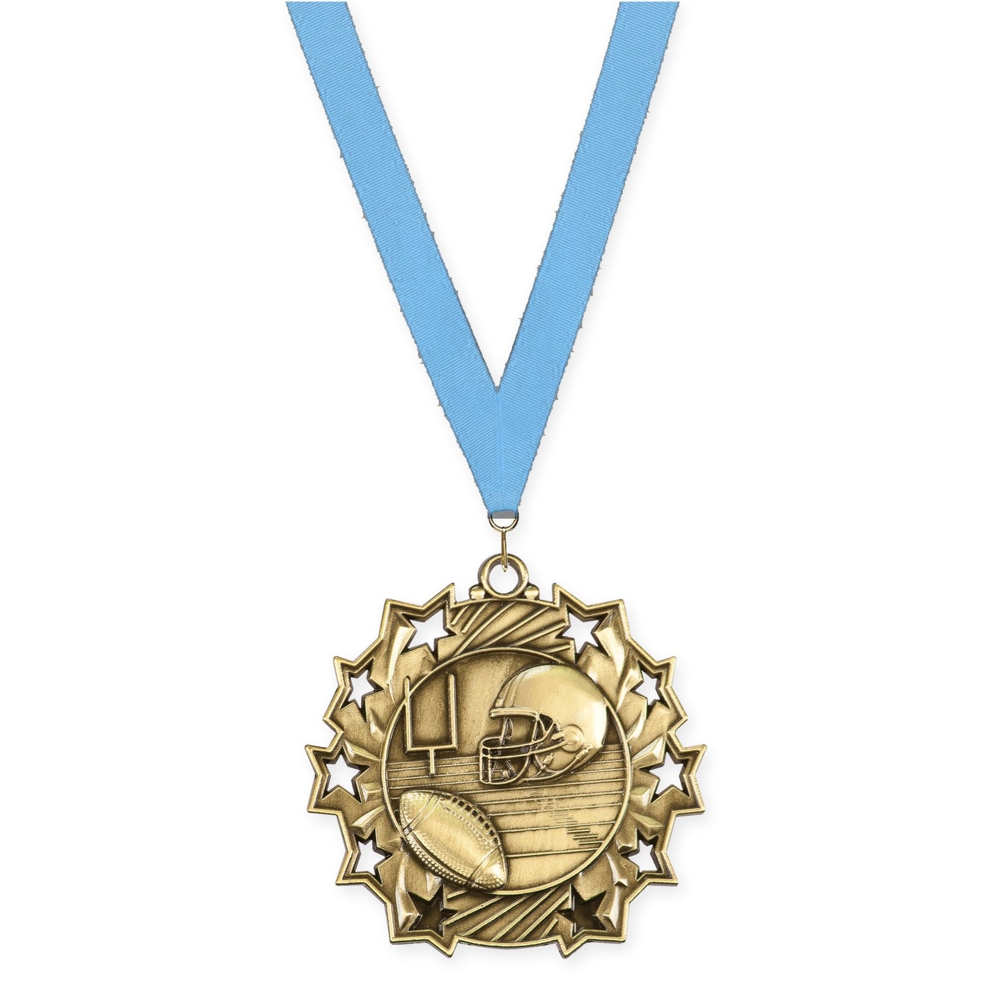 2 1/4 inch football Ten Star medal in bright gold with Light Blue neck ribbon