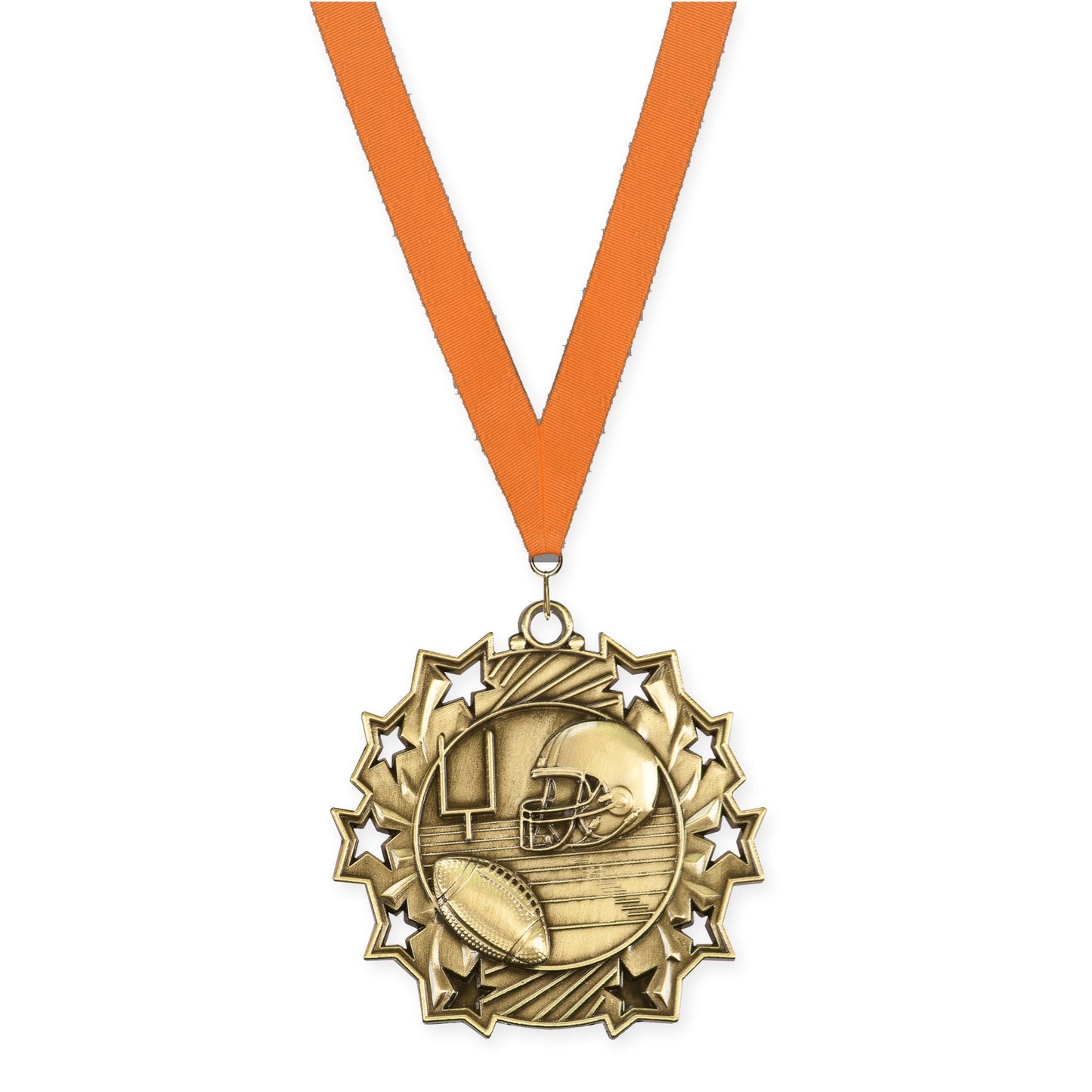 2 1/4 inch football Ten Star medal in bright gold with Orange neck ribbon