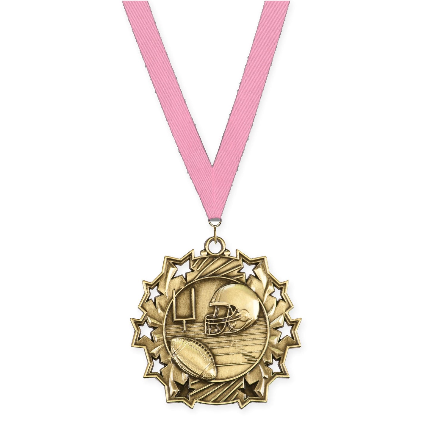 2 1/4 inch football Ten Star medal in bright gold with Pink neck ribbon
