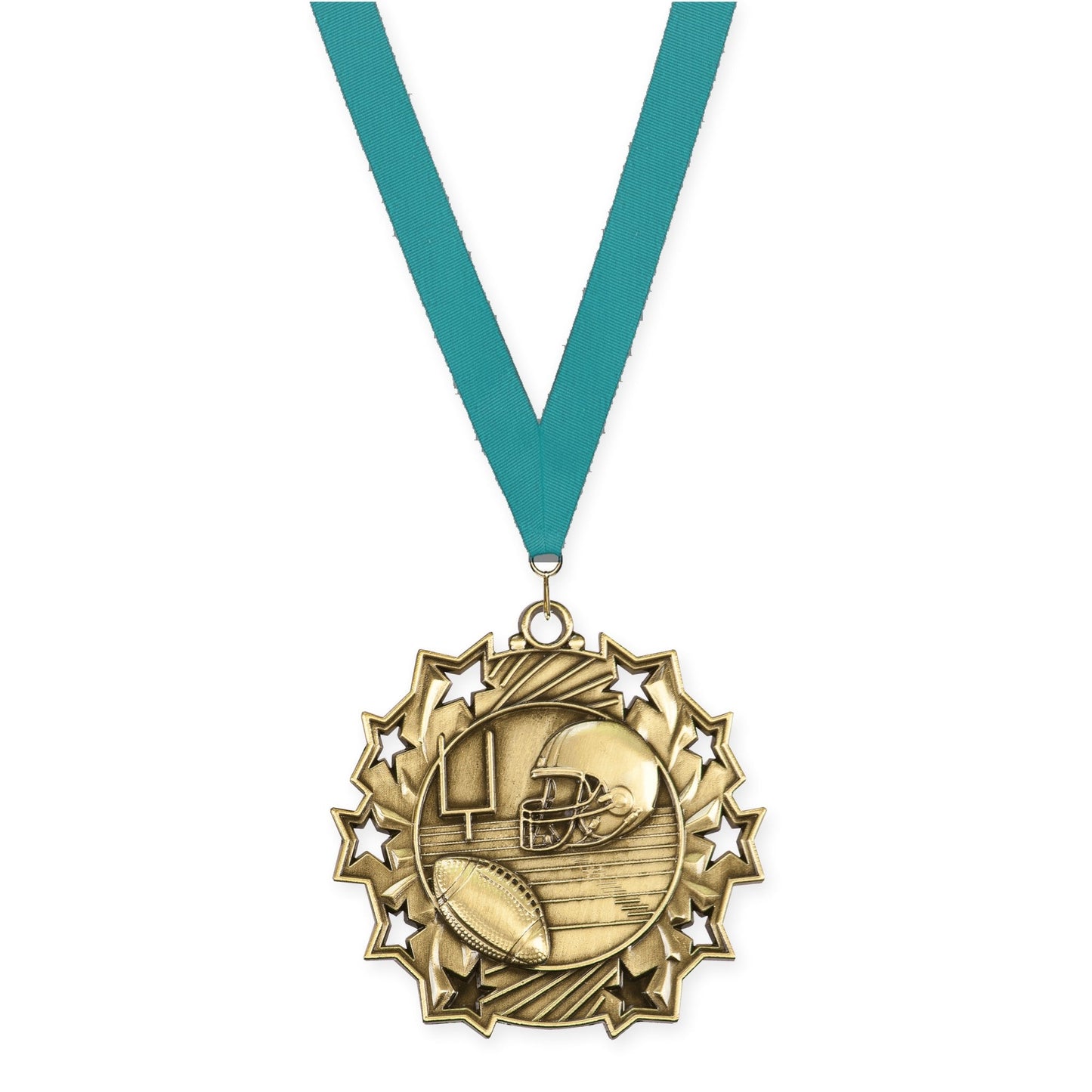 2 1/4 inch football Ten Star medal in bright gold with Teal neck ribbon