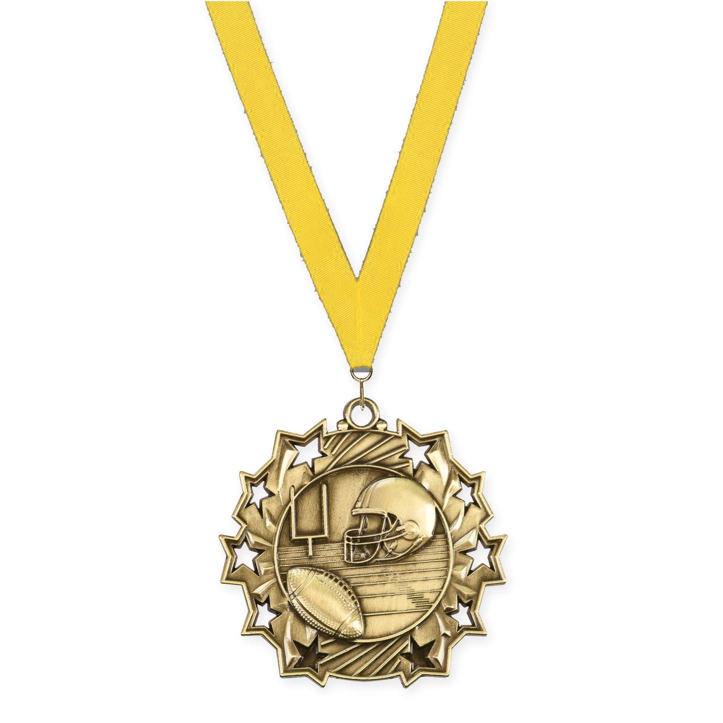 2 1/4 inch football Ten Star medal in bright gold with Yellow neck ribbon