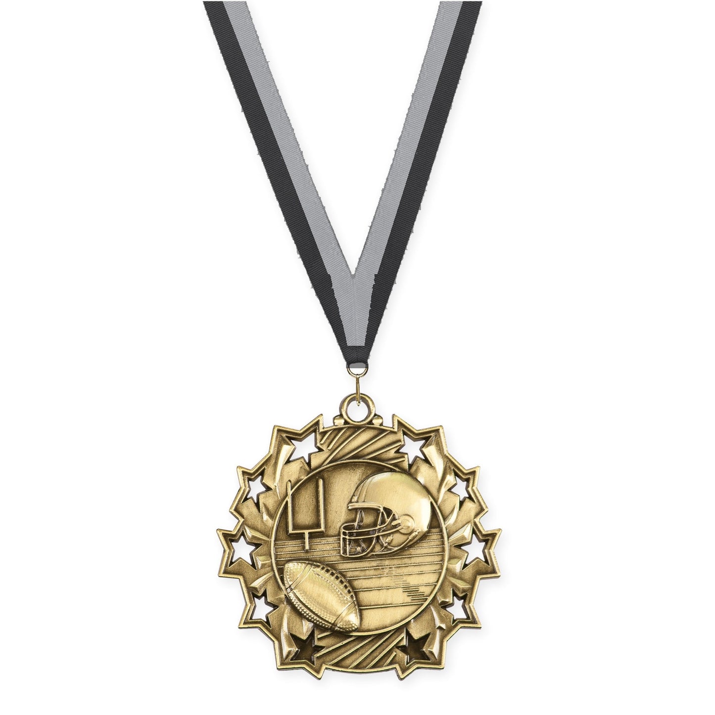 2 1/4 inch football Ten Star medal in bright gold with Black Gray neck ribbon