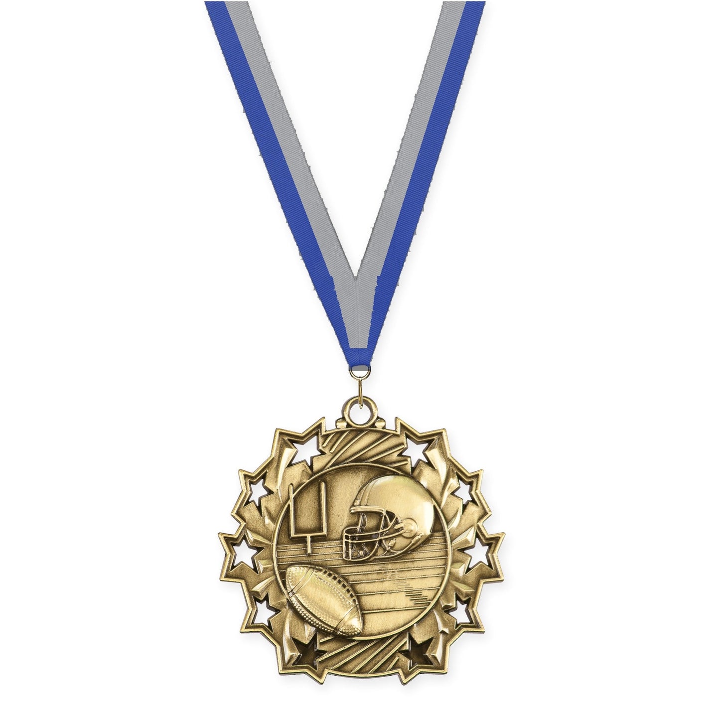 2 1/4 inch football Ten Star medal in bright gold with Blue Gray neck ribbon