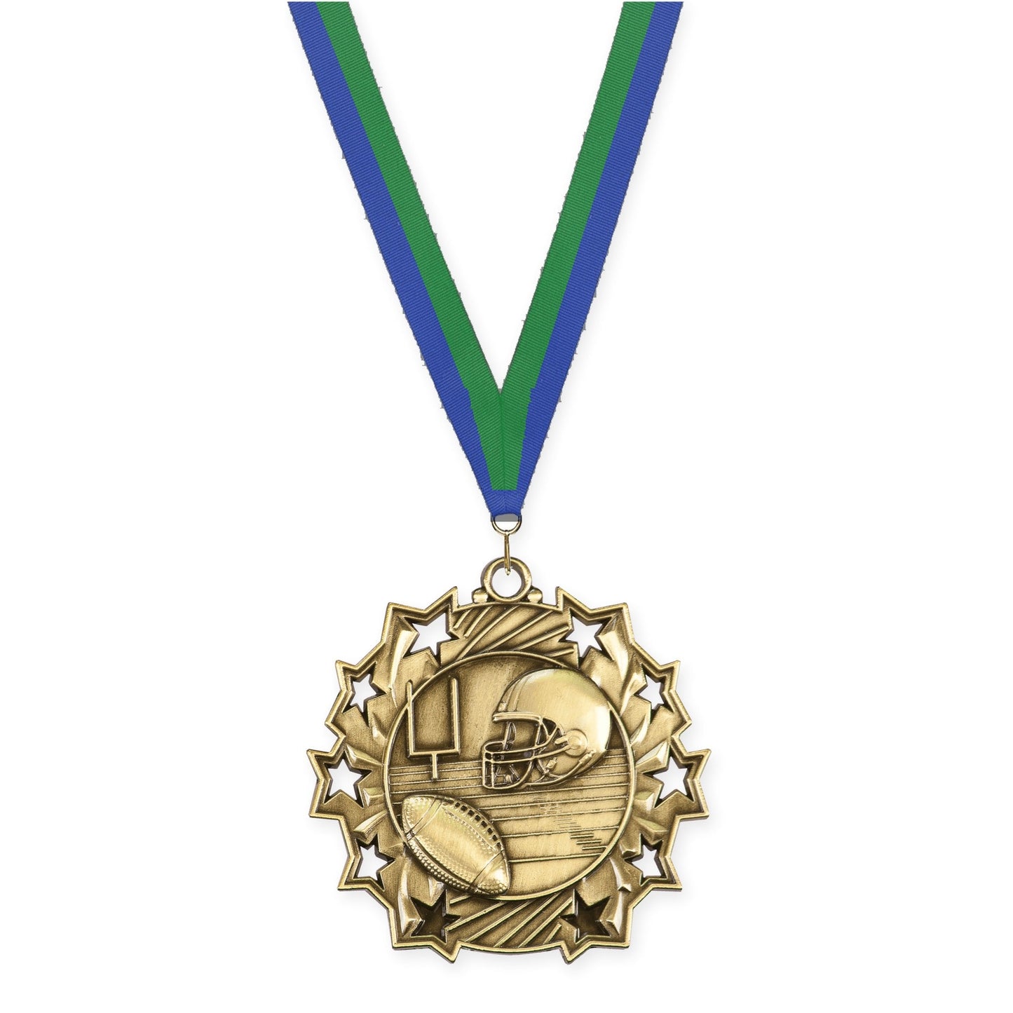 2 1/4 inch football Ten Star medal in bright gold with Blue Green neck ribbon