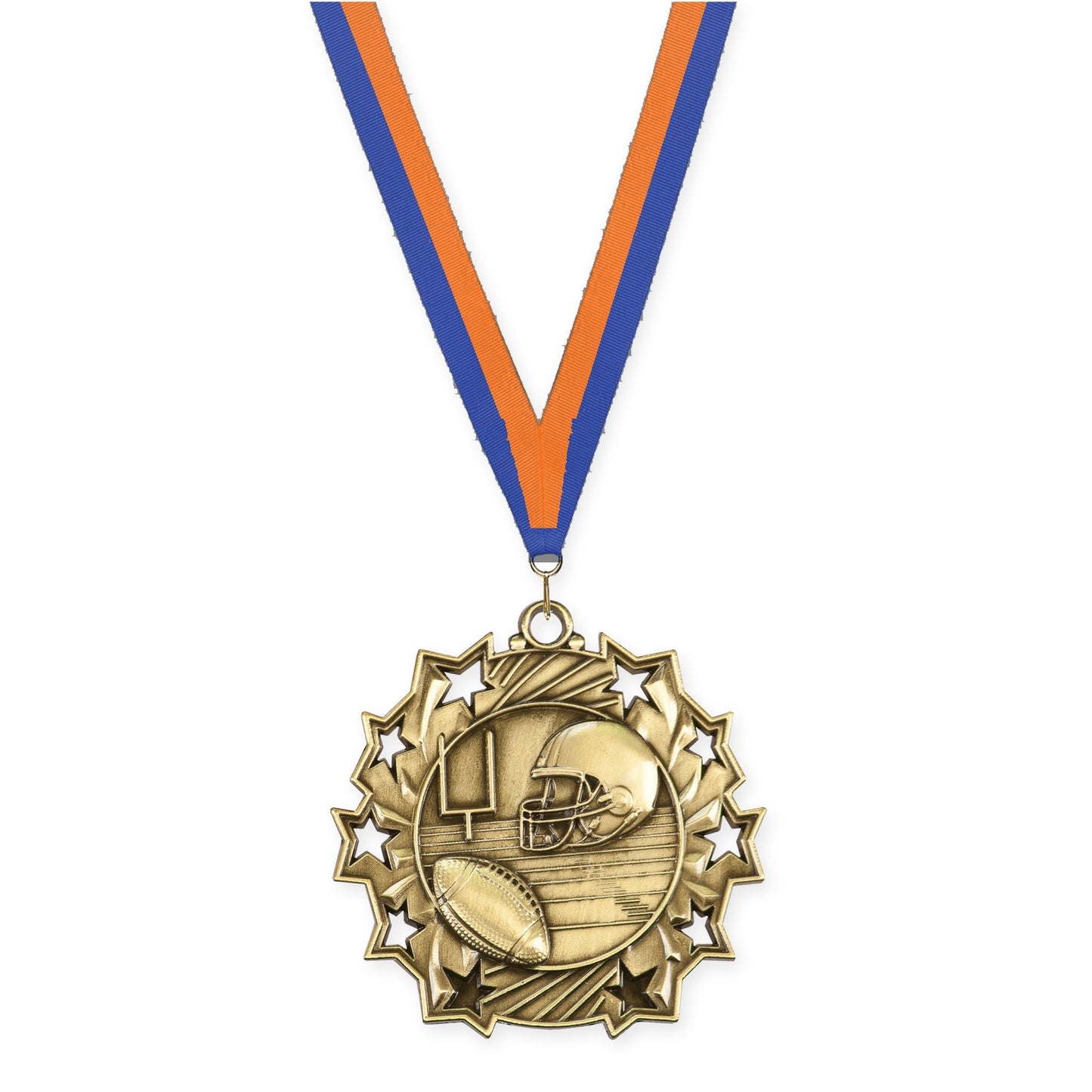 2 1/4 inch football Ten Star medal in bright gold with Blue Orange neck ribbon