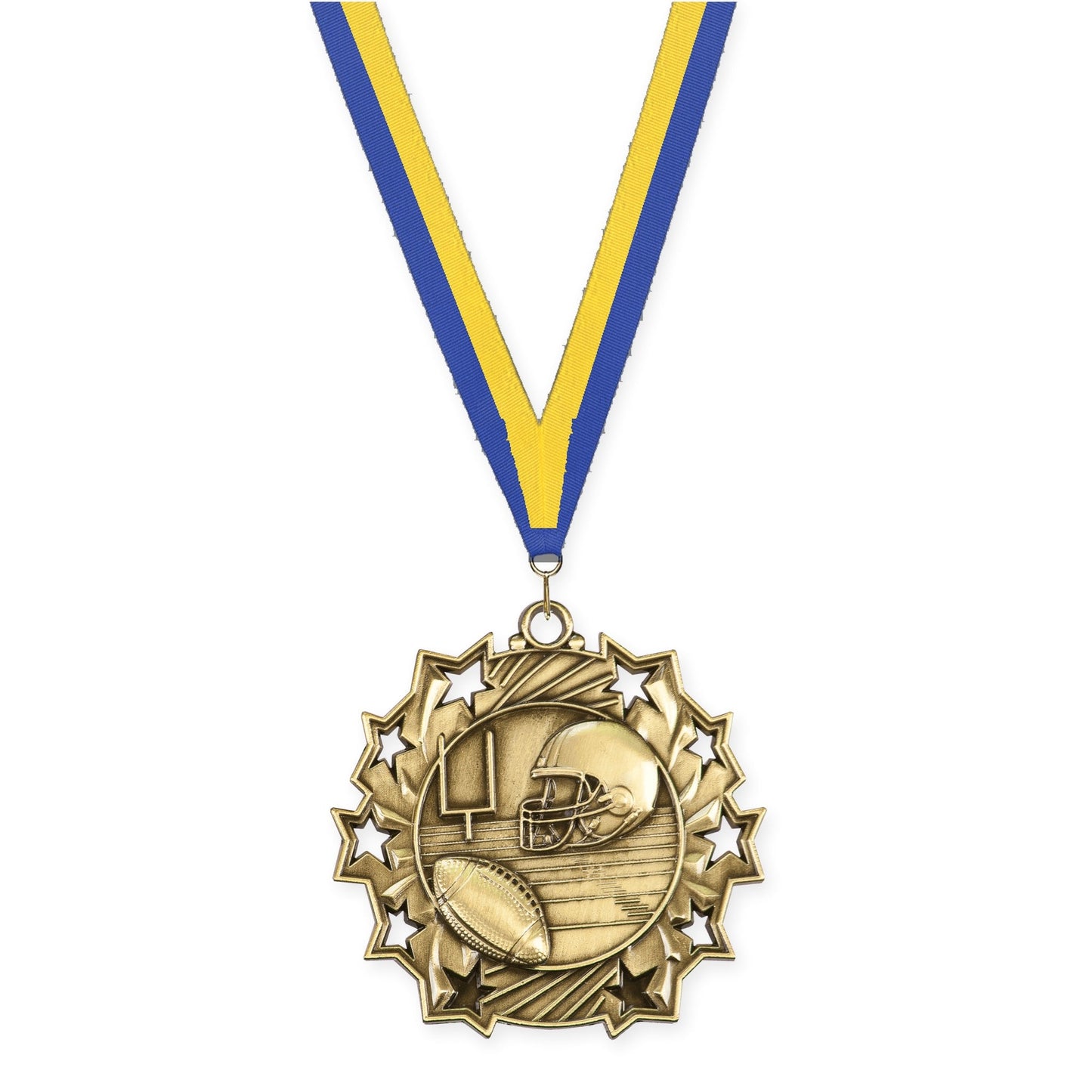 2 1/4 inch football Ten Star medal in bright gold with Blue Yellow neck ribbon