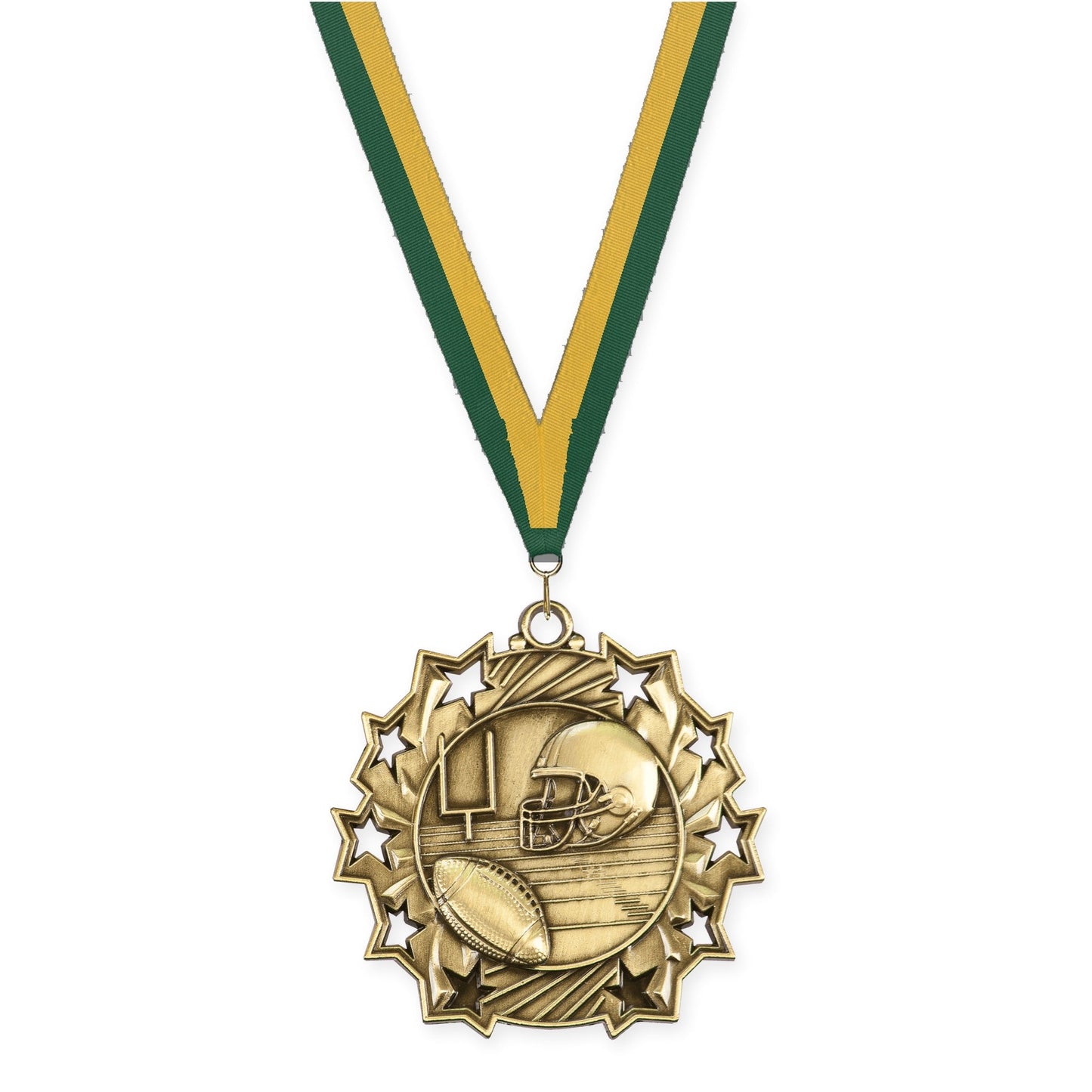 2 1/4 inch football Ten Star medal in bright gold with Hunter Green Gold neck ribbon