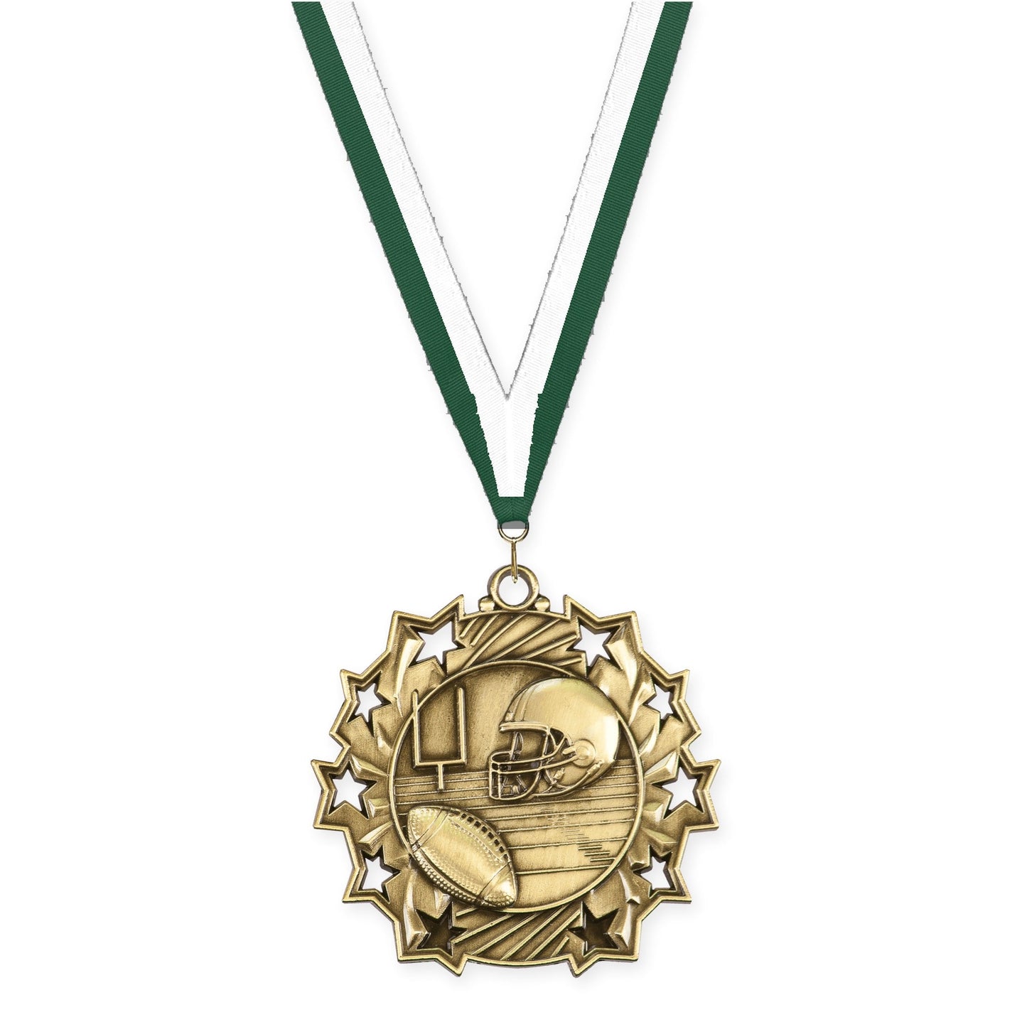 2 1/4 inch football Ten Star medal in bright gold with Hunter Green White neck ribbon