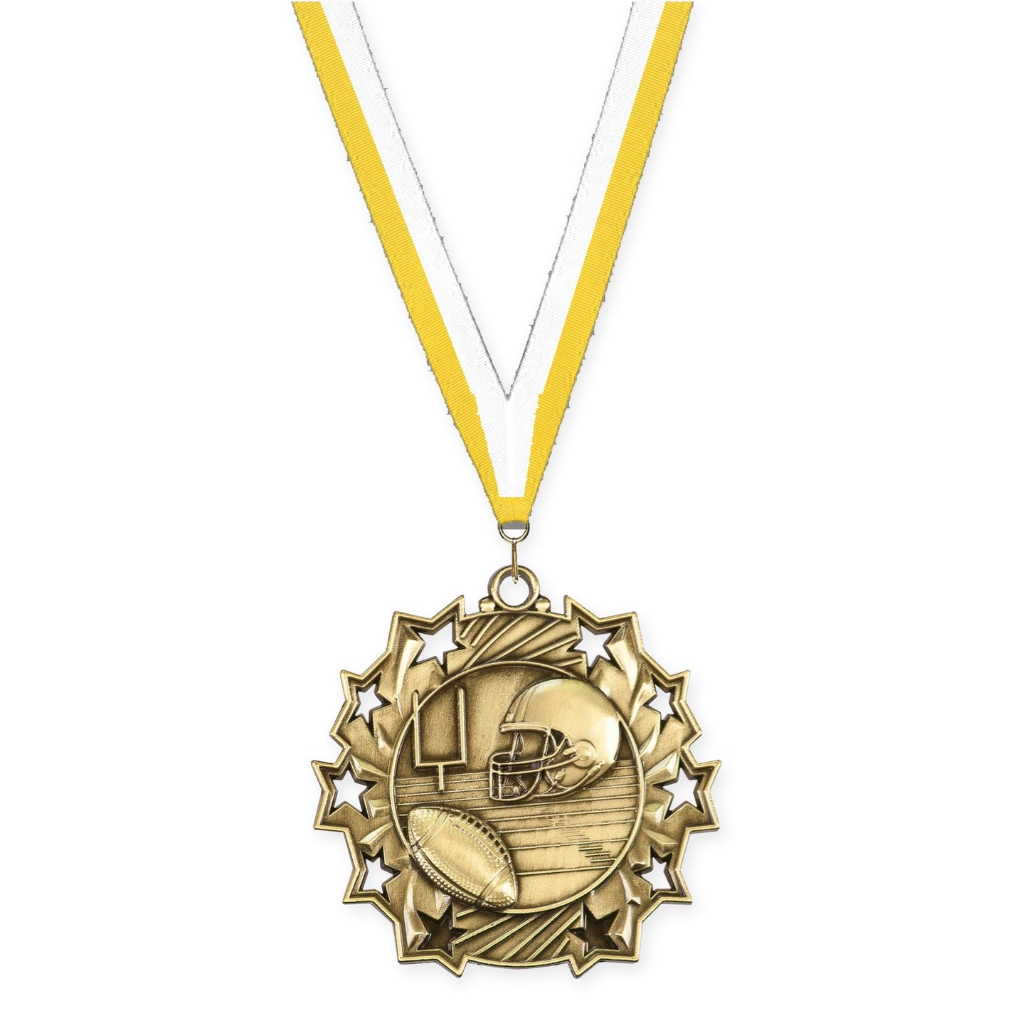 2 1/4 inch football Ten Star medal in bright gold with Yellow White neck ribbon
