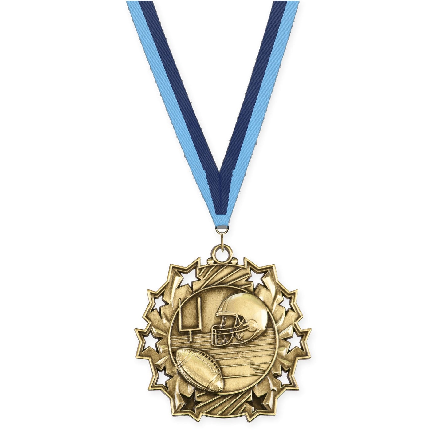 2 1/4 inch football Ten Star medal in bright gold with Light Blue Navy neck ribbon