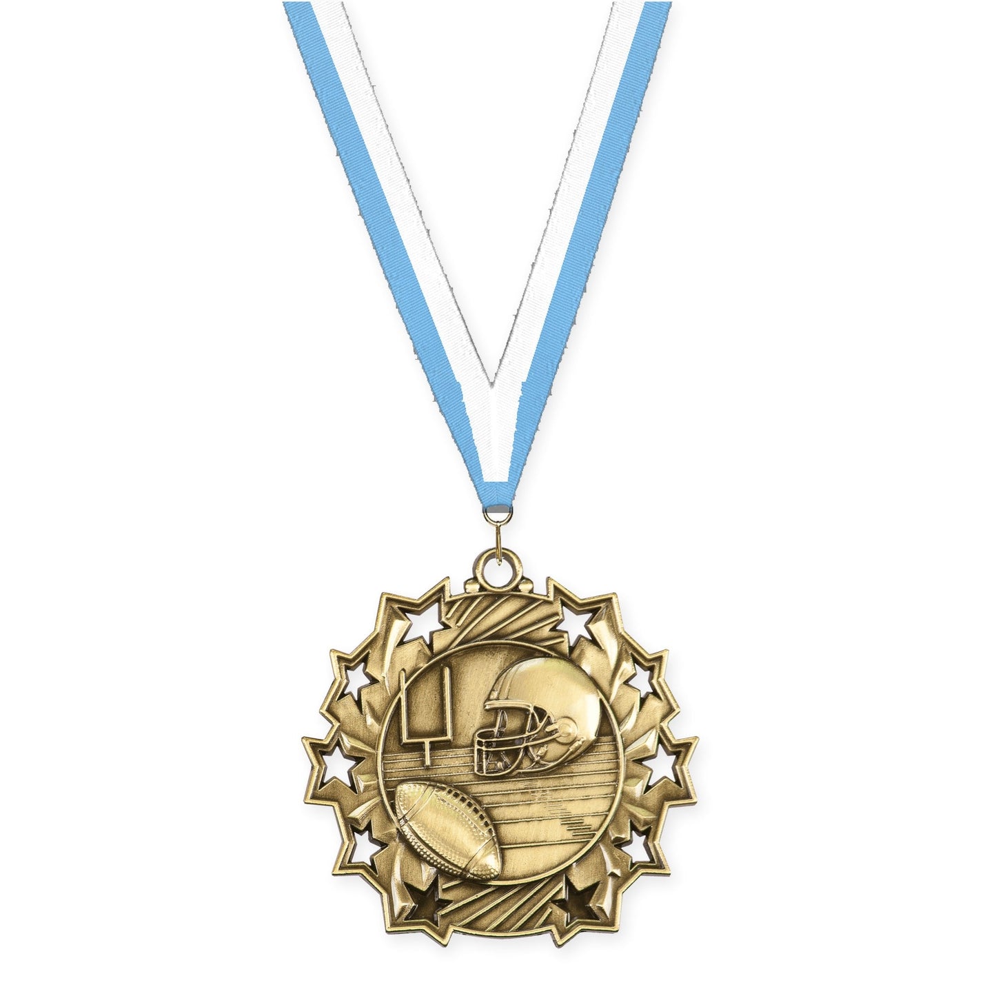 2 1/4 inch football Ten Star medal in bright gold with Light Blue White neck ribbon