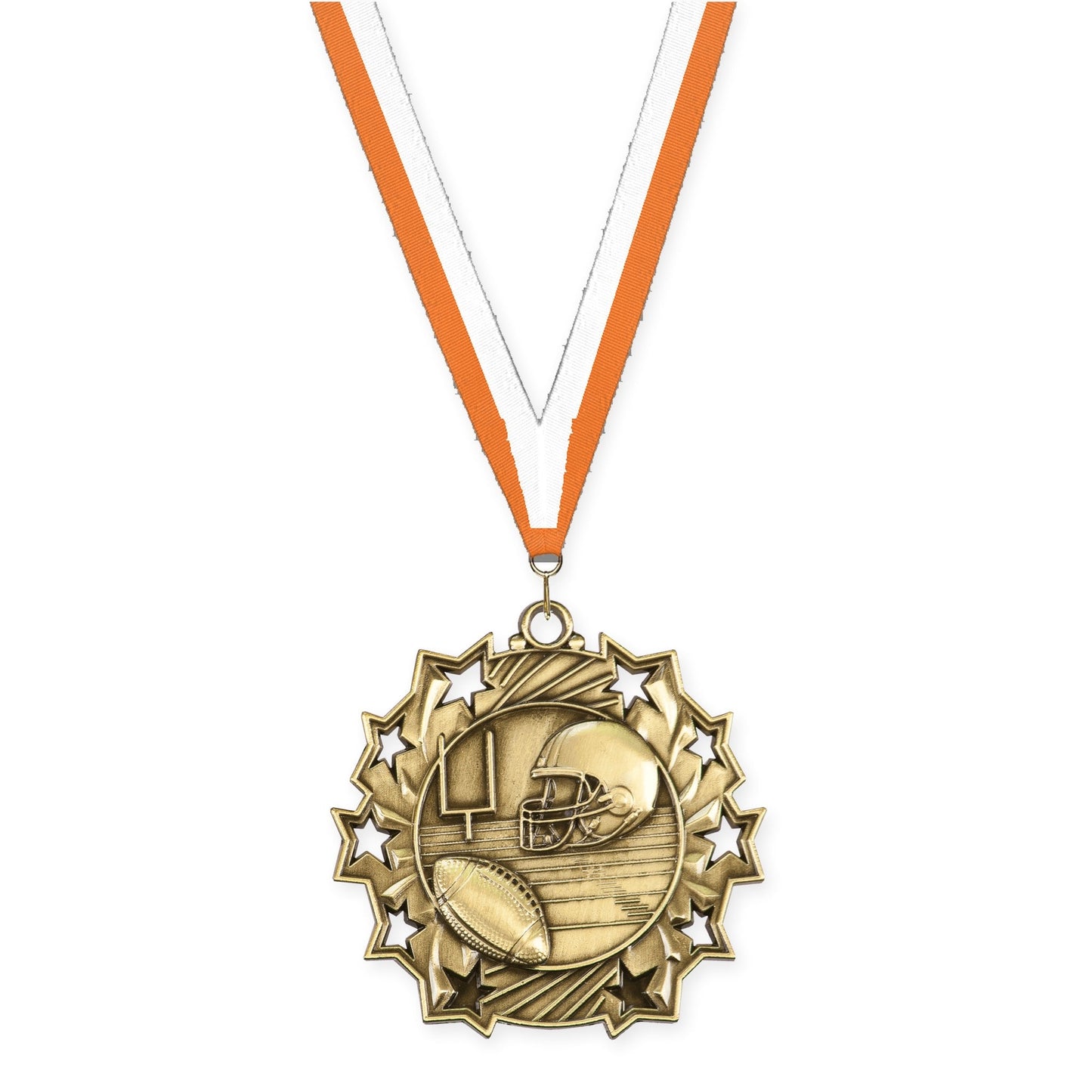 2 1/4 inch football Ten Star medal in bright gold with Orange White neck ribbon