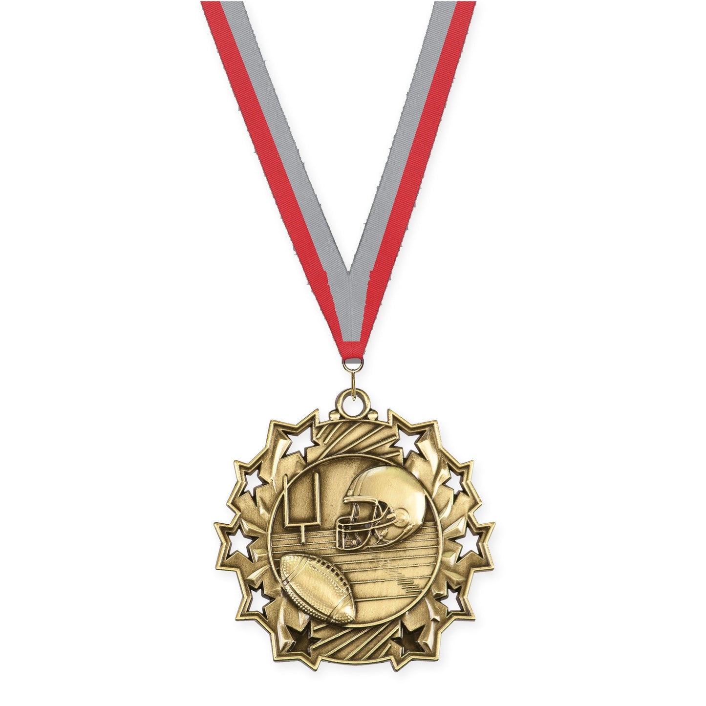 2 1/4 inch football Ten Star medal in bright gold with Red Gray neck ribbon