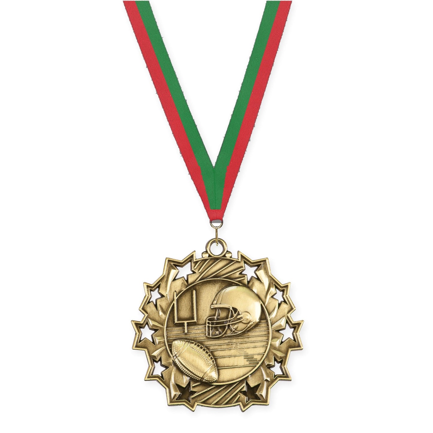 2 1/4 inch football Ten Star medal in bright gold with Red Green neck ribbon