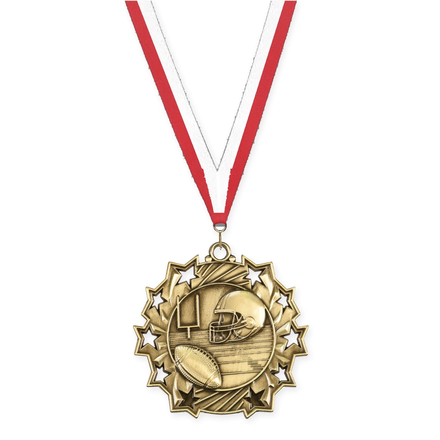 2 1/4 inch football Ten Star medal in bright gold with Red White neck ribbon