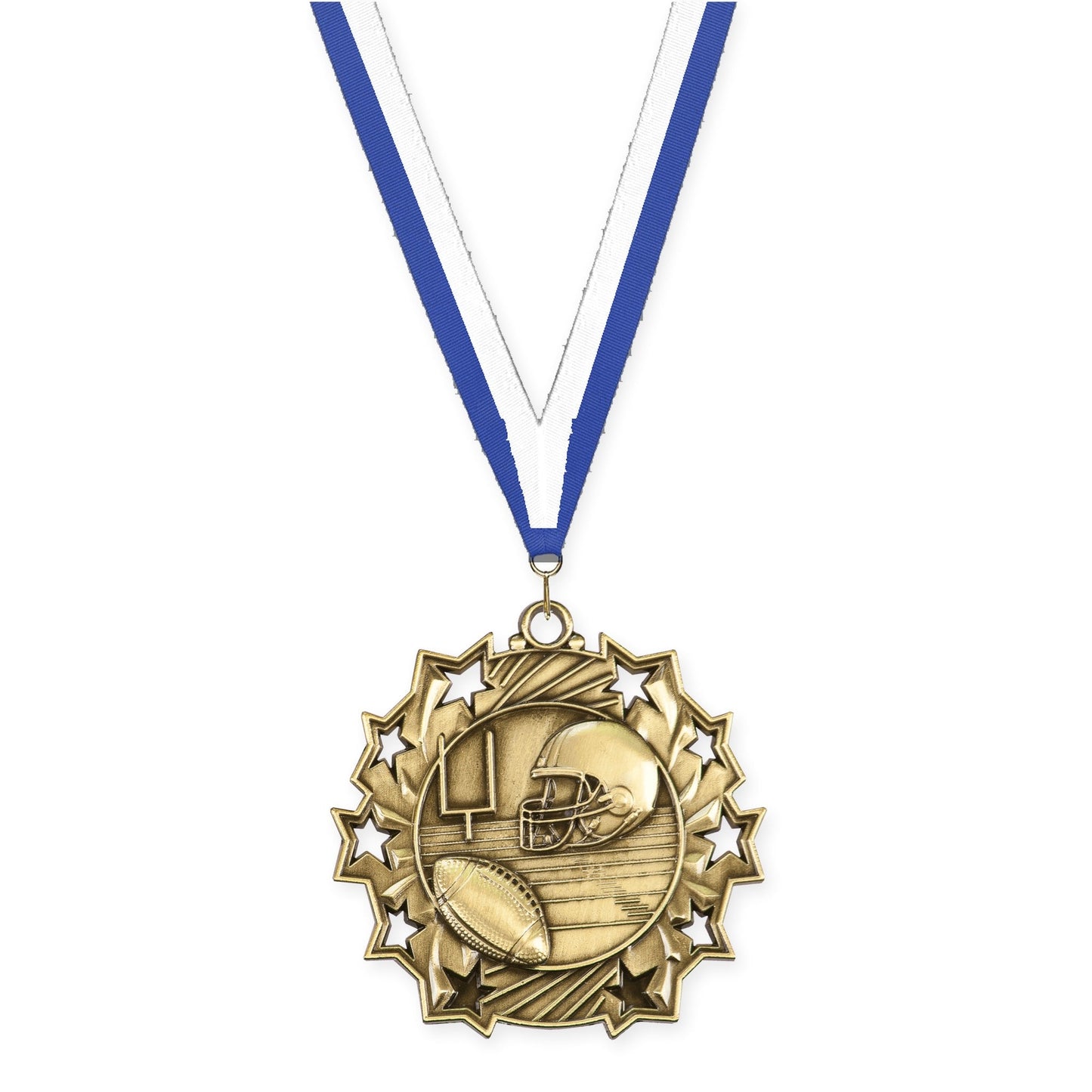2 1/4 inch football Ten Star medal in bright gold with Blue White neck ribbon