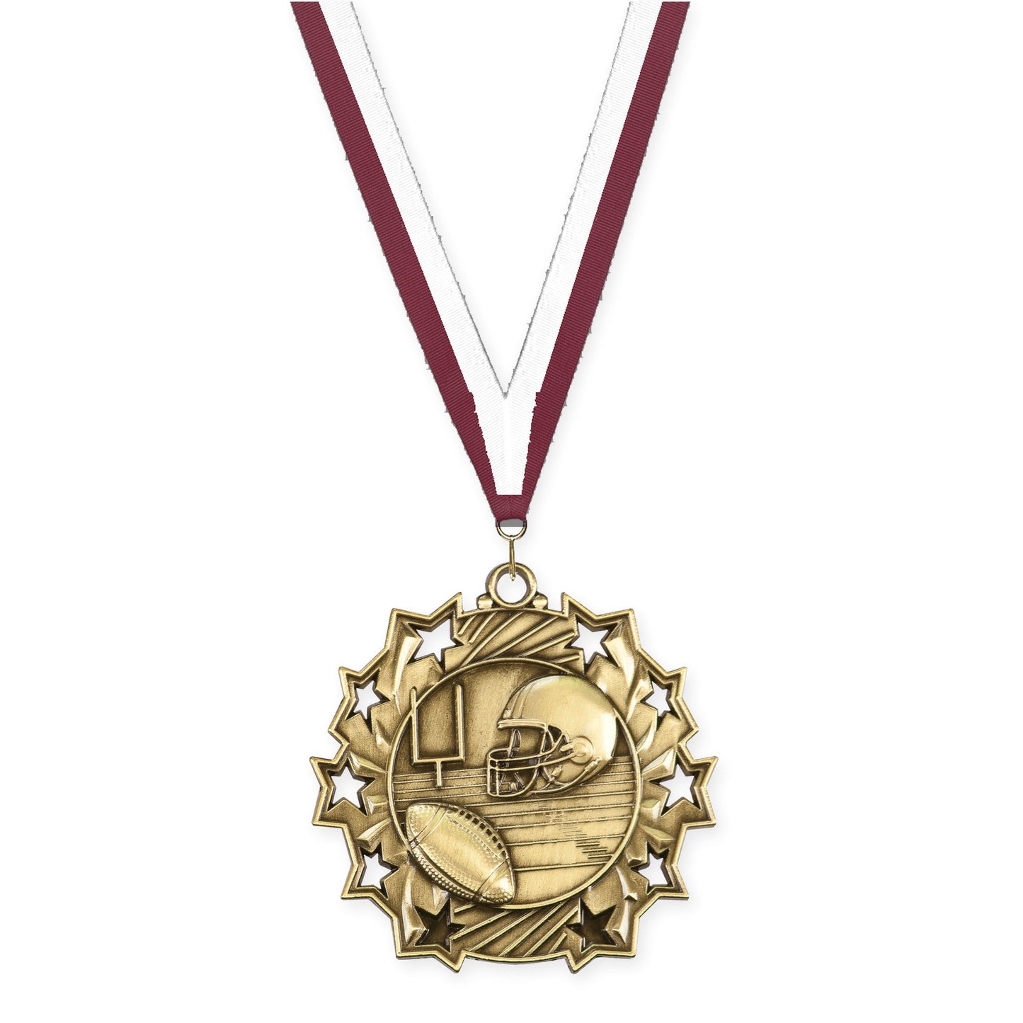 2 1/4 inch football Ten Star medal in bright gold with Maroon White neck ribbon