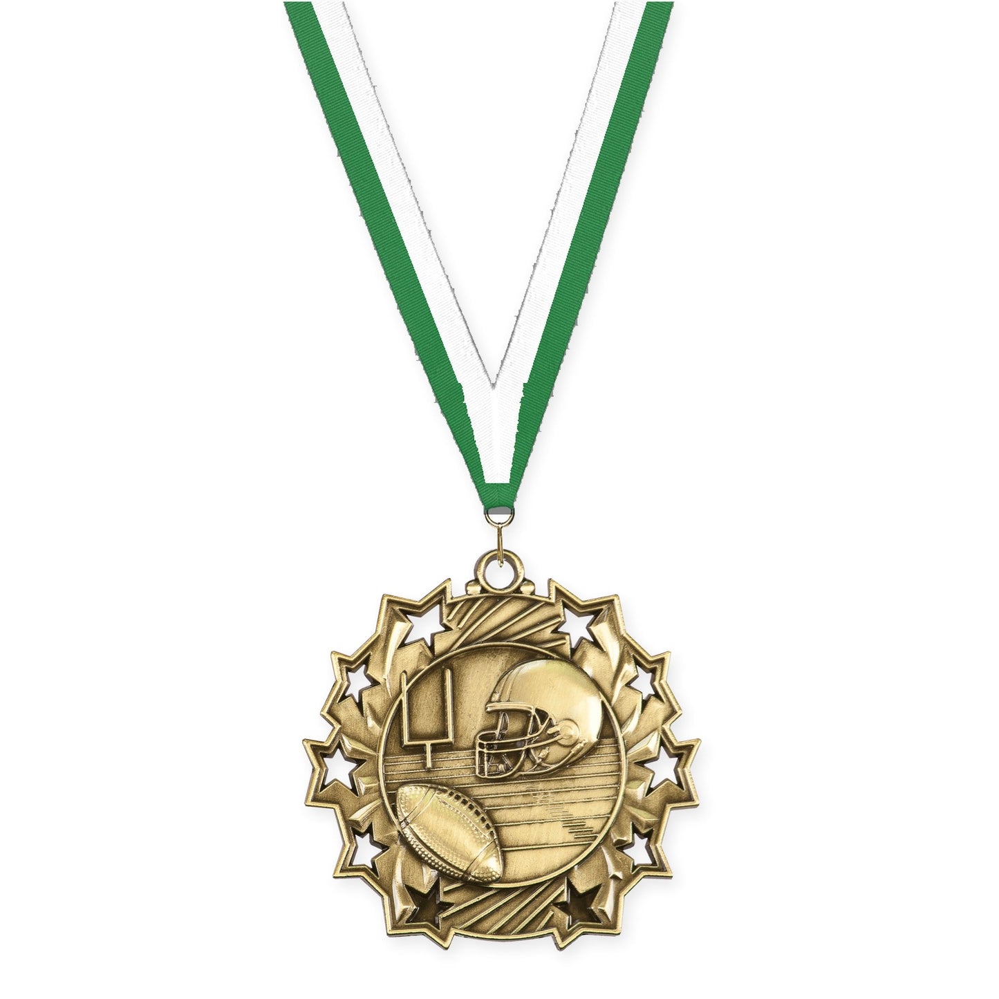 2 1/4 inch football Ten Star medal in bright gold with Green White neck ribbon