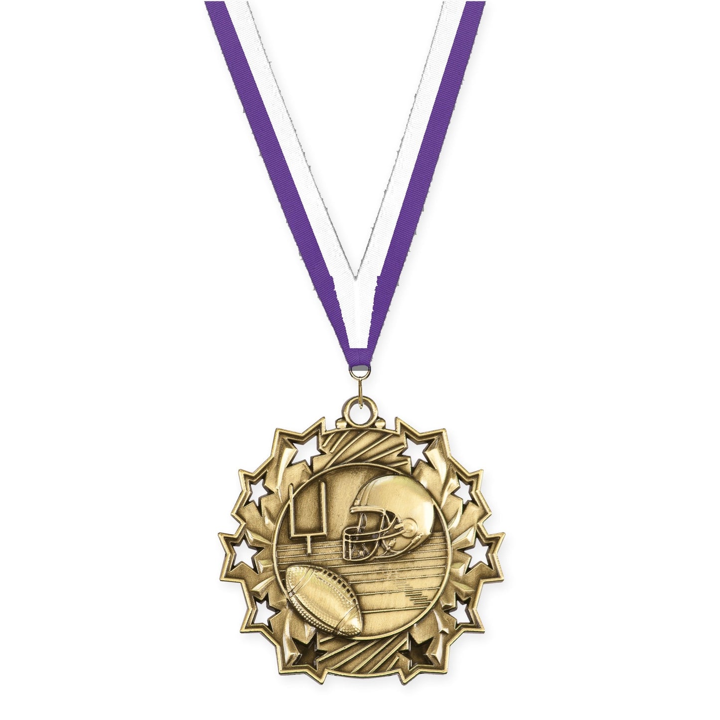 2 1/4 inch football Ten Star medal in bright gold with Purple White neck ribbon